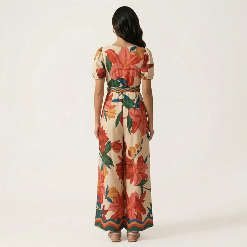 Anna-Kaci Short Sleeve Floral Wide Leg Jumpsuit with Deep V Neck Button Front Waist Tie Relaxed Fit