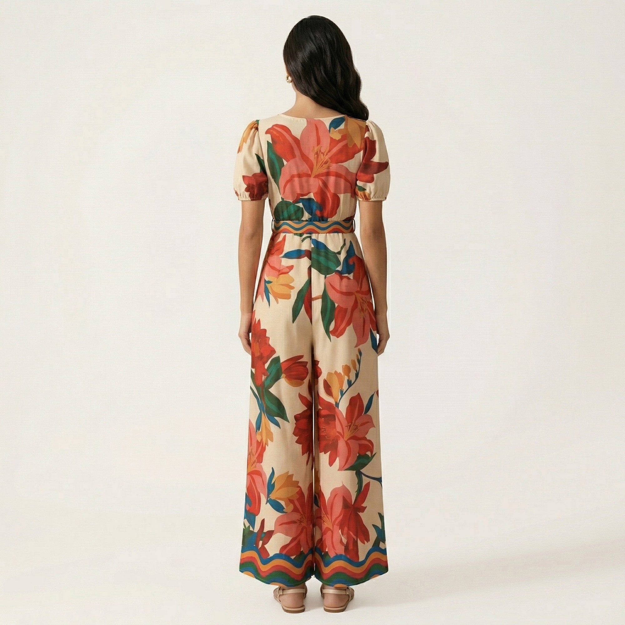 Anna-Kaci Short Sleeve Floral Wide Leg Jumpsuit with Deep V Neck Button Front Waist Tie Relaxed Fit
