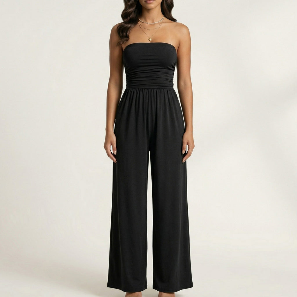 Anna-Kaci Strapless Wide Leg Jumpsuit with Smocked Bodice Elastic Waist Flowy Relaxed Fit