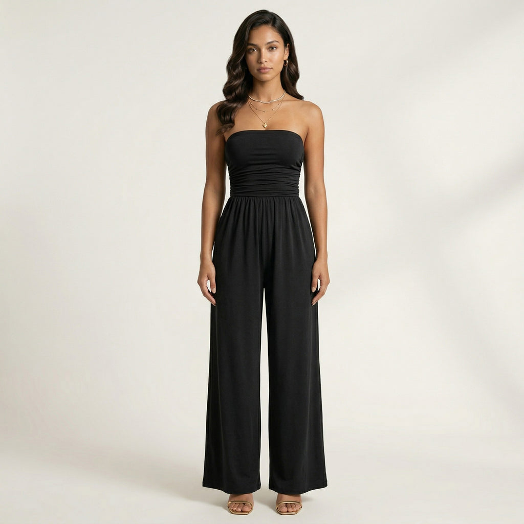 Anna-Kaci Strapless Wide Leg Jumpsuit with Smocked Bodice Elastic Waist Flowy Relaxed Fit