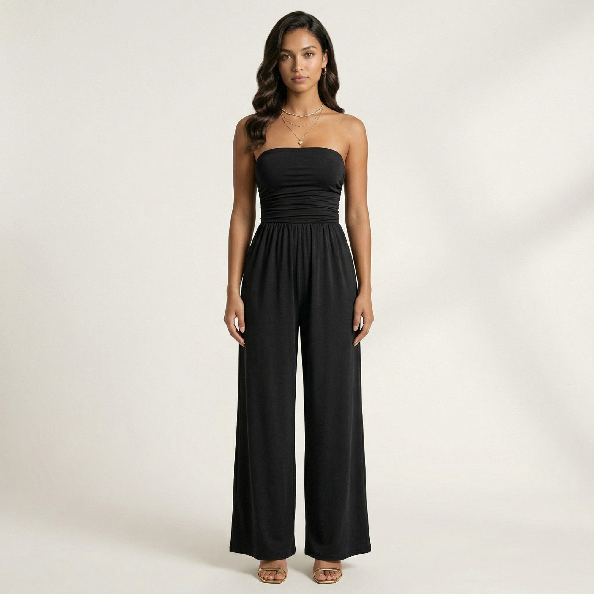Anna-Kaci Strapless Wide Leg Jumpsuit with Smocked Bodice Elastic Waist Flowy Relaxed Fit