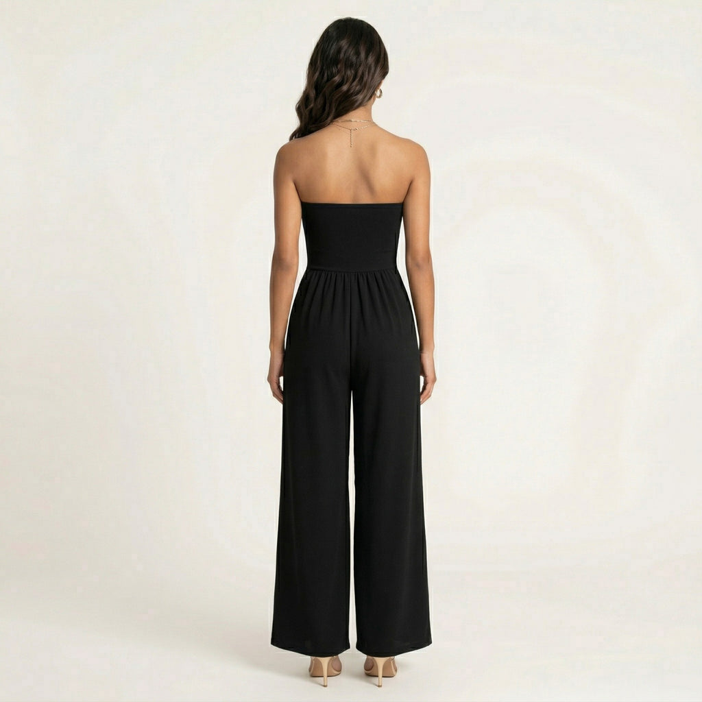 Anna-Kaci Strapless Wide Leg Jumpsuit with Smocked Bodice Elastic Waist Flowy Relaxed Fit