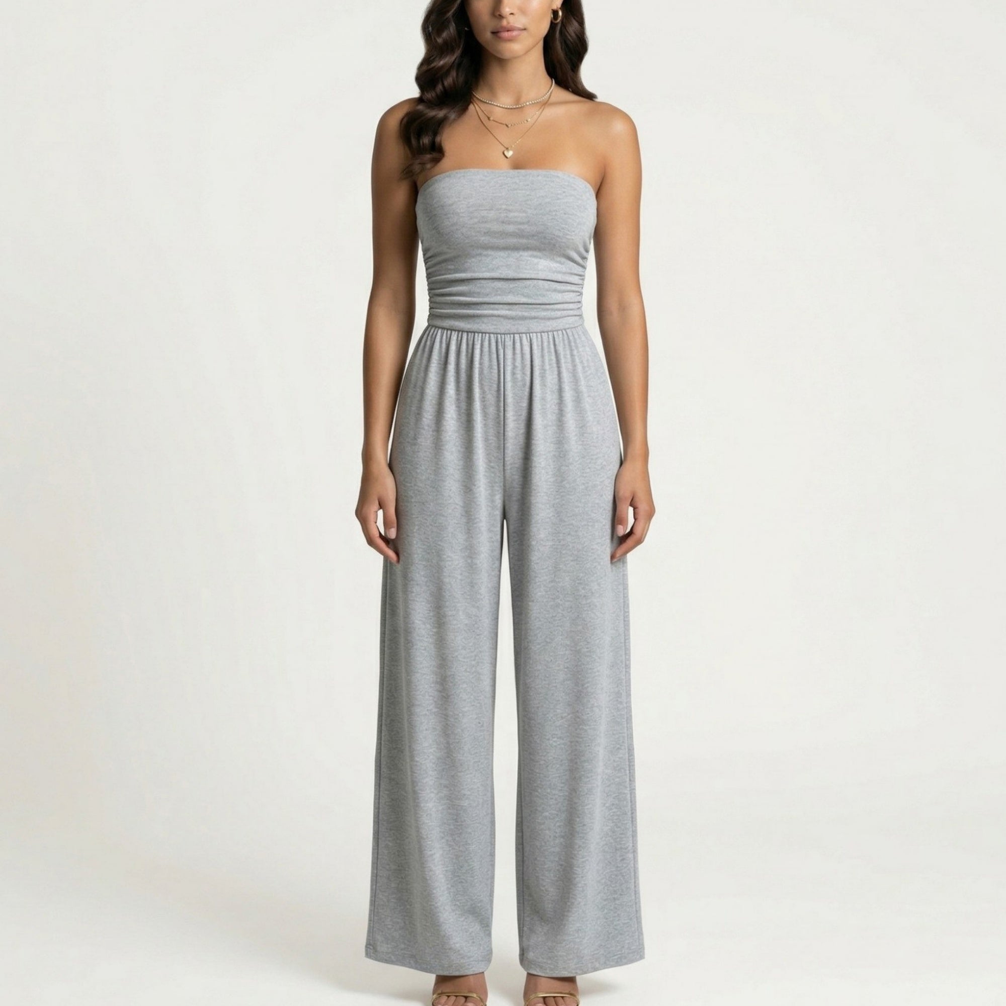 Anna-Kaci Strapless Wide Leg Jumpsuit with Smocked Bodice Elastic Waist Flowy Relaxed Fit