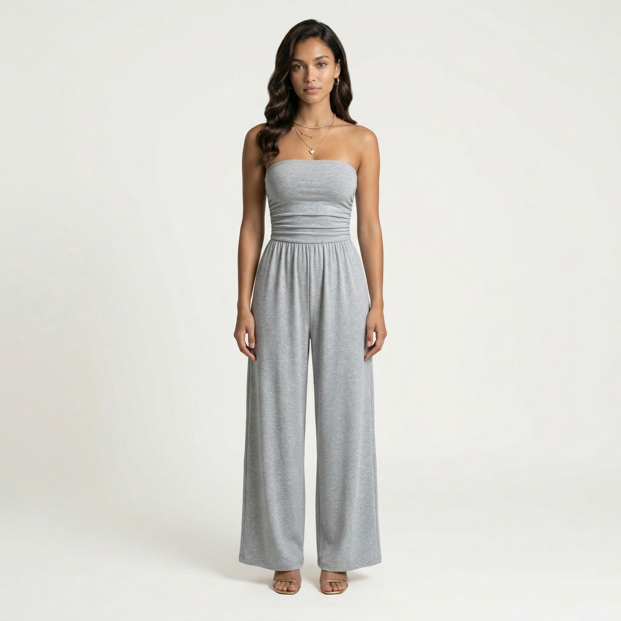 Anna-Kaci Strapless Wide Leg Jumpsuit with Smocked Bodice Elastic Waist Flowy Relaxed Fit