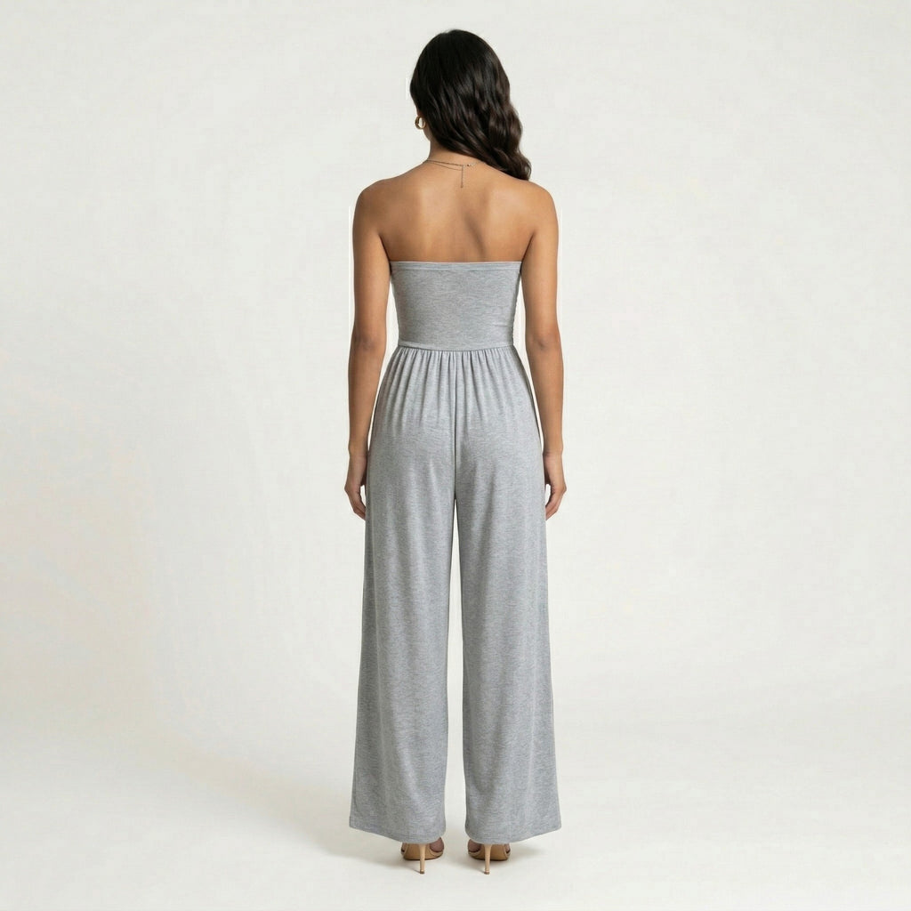 Anna-Kaci Strapless Wide Leg Jumpsuit with Smocked Bodice Elastic Waist Flowy Relaxed Fit
