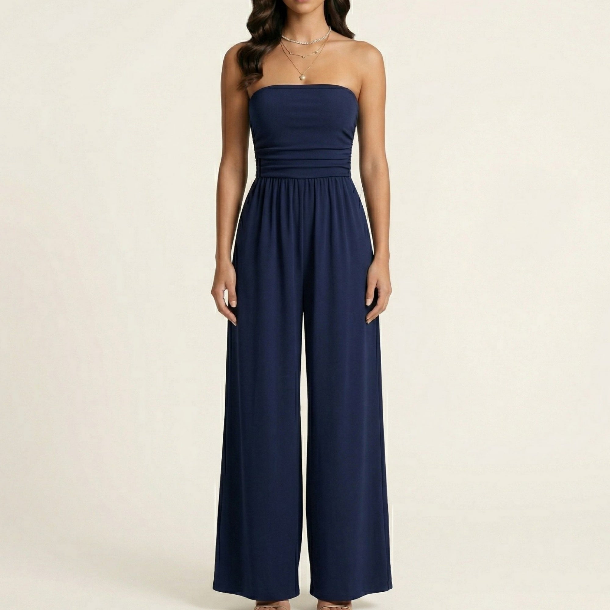 Anna-Kaci Strapless Wide Leg Jumpsuit with Smocked Bodice Elastic Waist Flowy Relaxed Fit