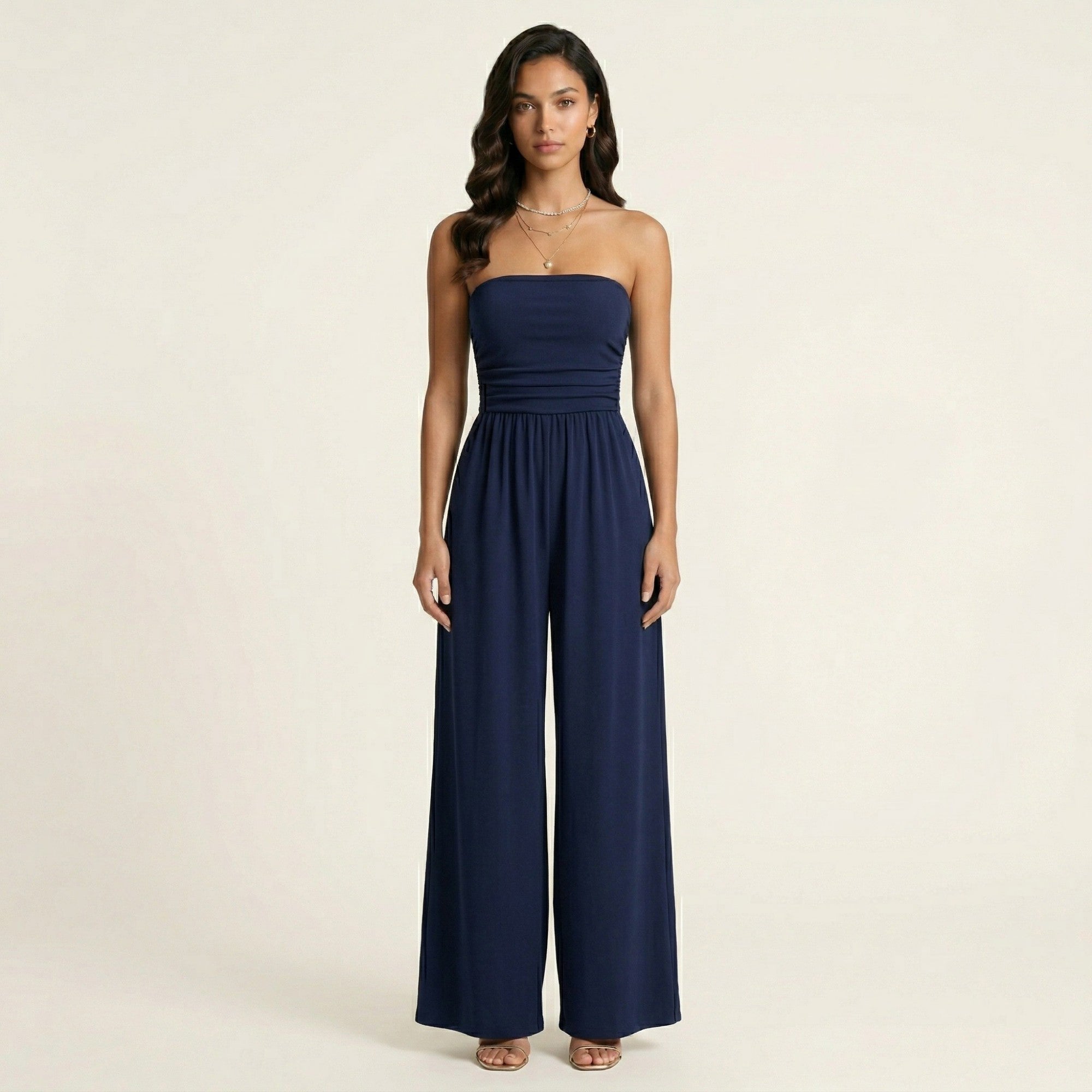 Anna-Kaci Strapless Wide Leg Jumpsuit with Smocked Bodice Elastic Waist Flowy Relaxed Fit