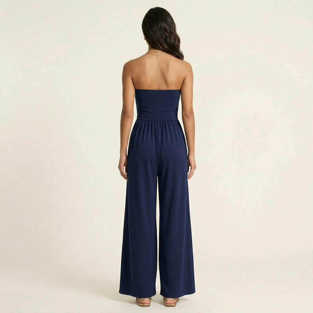 Anna-Kaci Strapless Wide Leg Jumpsuit with Smocked Bodice Elastic Waist Flowy Relaxed Fit