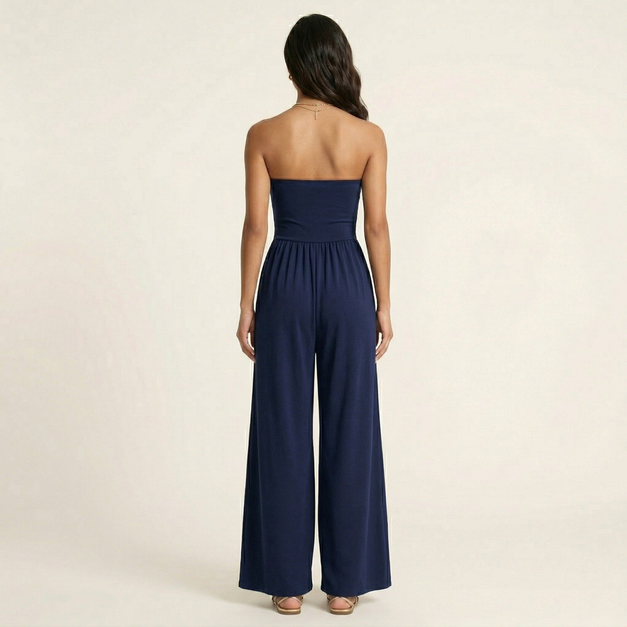 Anna-Kaci Strapless Wide Leg Jumpsuit with Smocked Bodice Elastic Waist Flowy Relaxed Fit