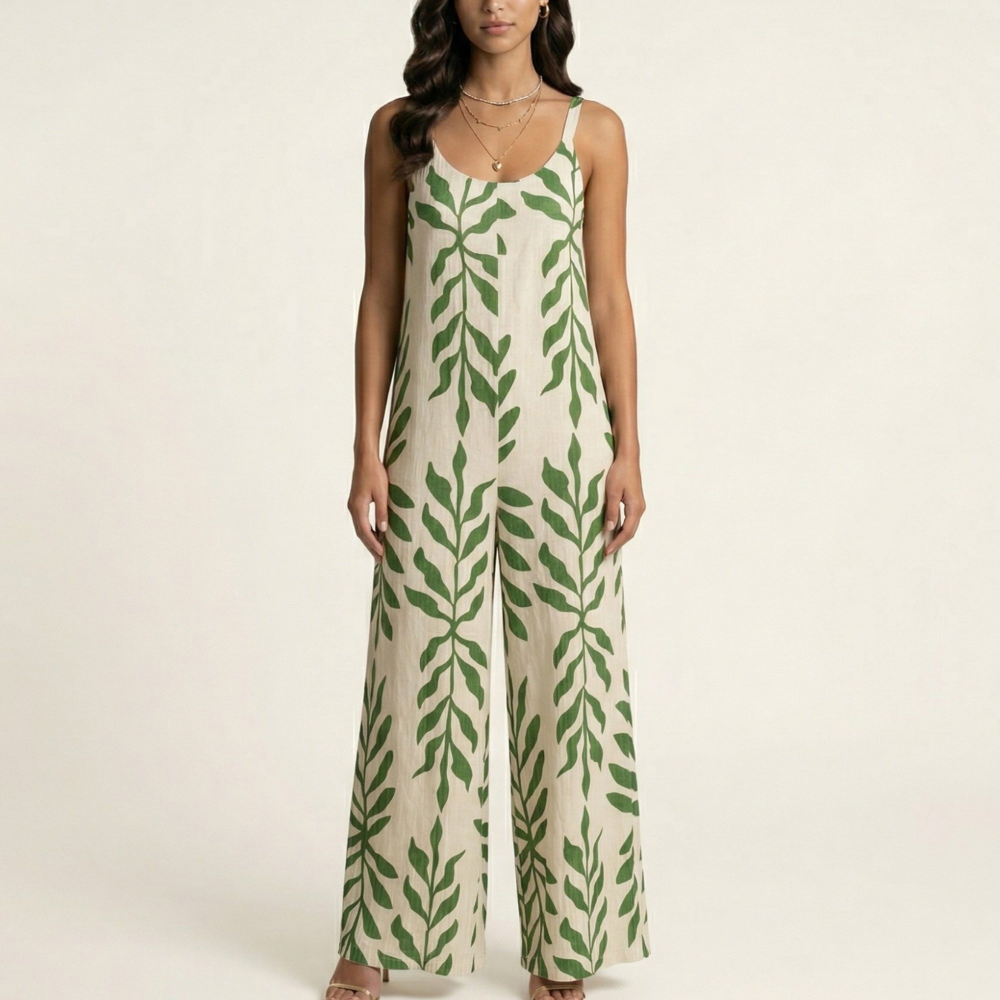 Anna-Kaci Sleeveless Printed Wide Leg Jumpsuit with Spaghetti Straps Relaxed Fit Flowy One Piece