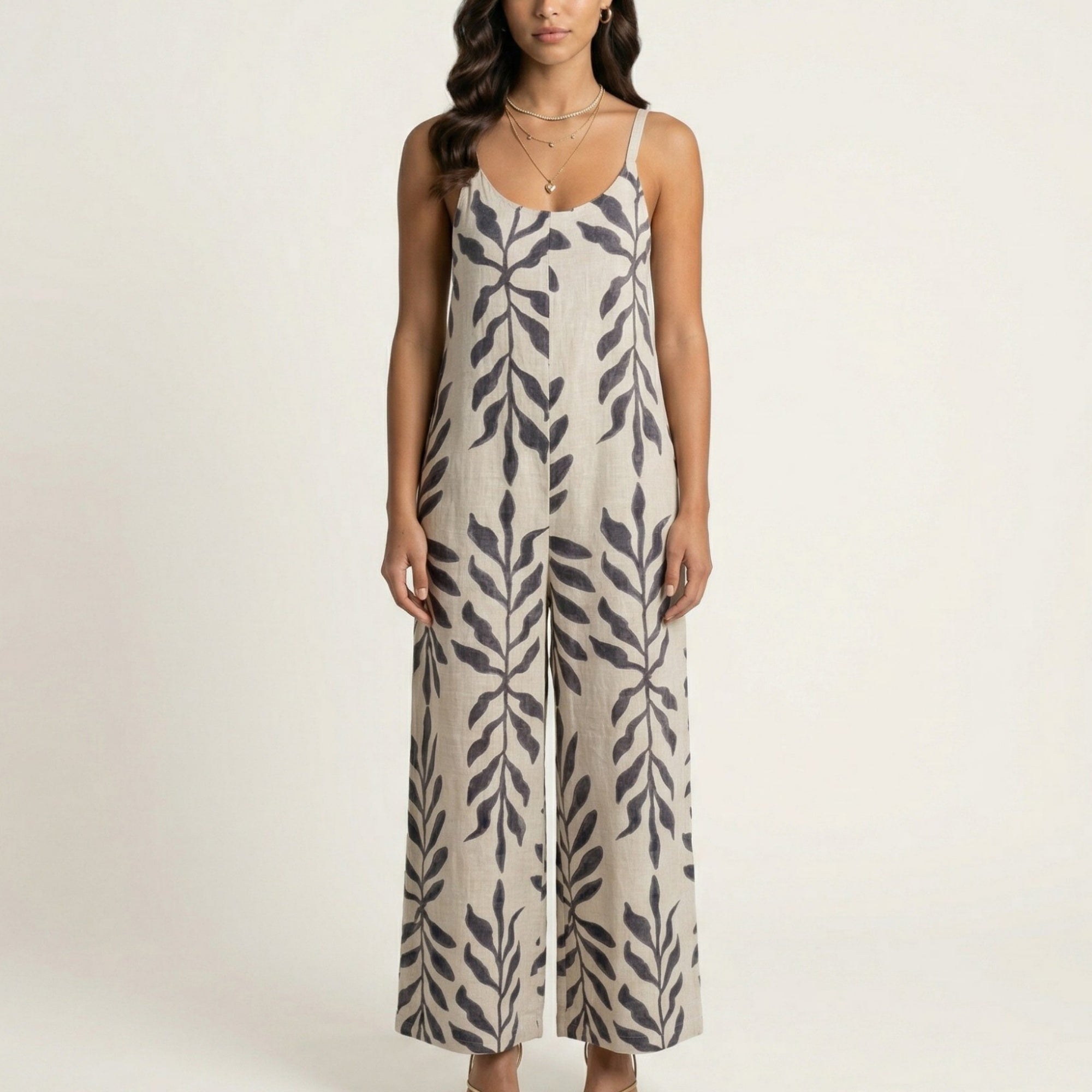 Anna-Kaci Sleeveless Printed Wide Leg Jumpsuit with Spaghetti Straps Relaxed Fit Flowy One Piece