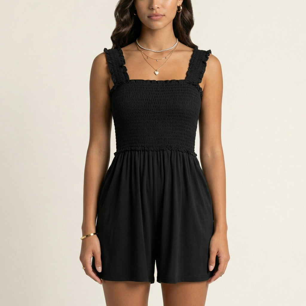 Anna-Kaci Sleeveless Smocked Romper with Ruffle Straps Square Neckline Elastic Waist Relaxed Fit