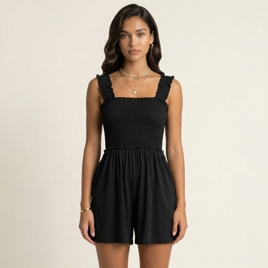 Anna-Kaci Sleeveless Smocked Romper with Ruffle Straps Square Neckline Elastic Waist Relaxed Fit