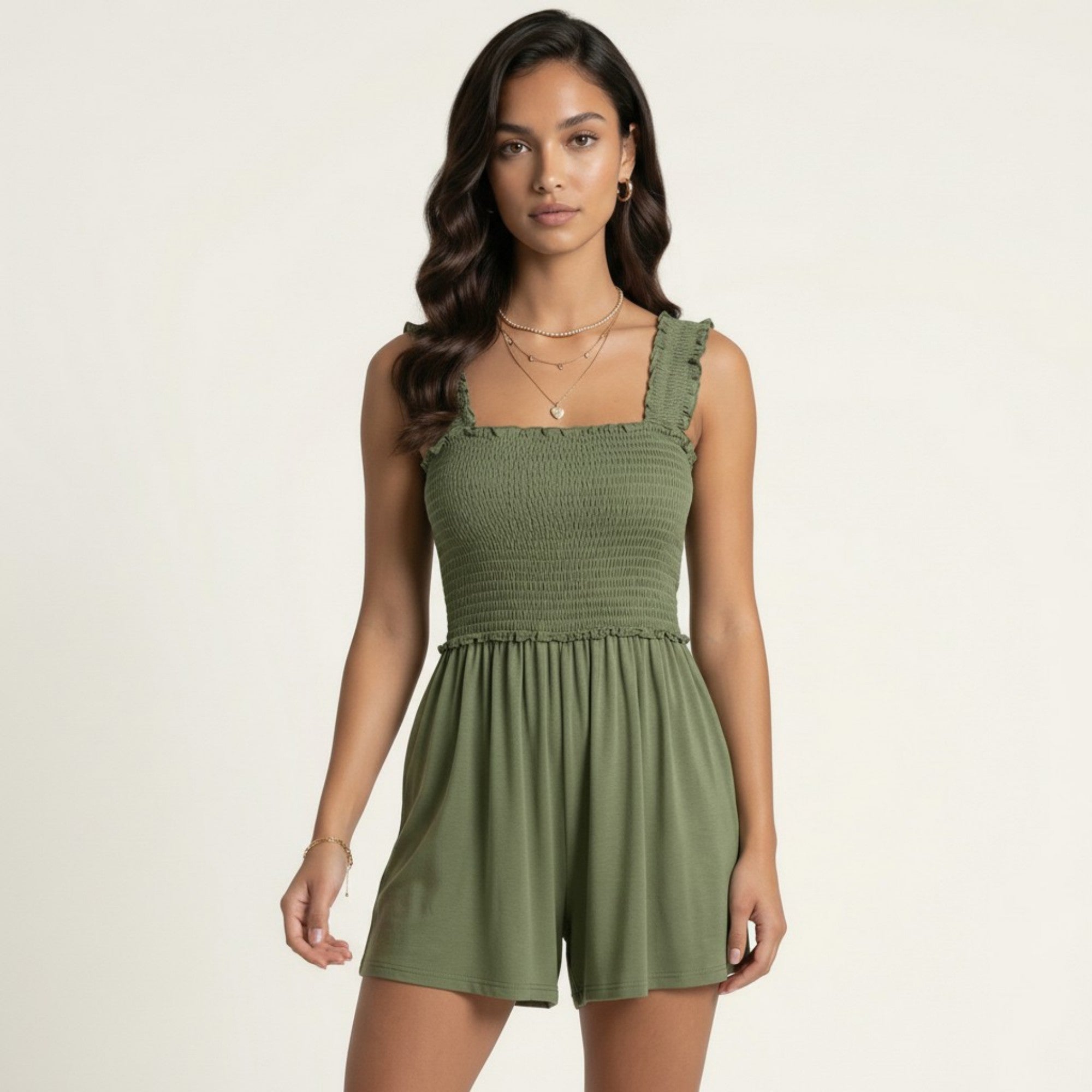 Anna-Kaci Sleeveless Smocked Romper with Ruffle Straps Square Neckline Elastic Waist Relaxed Fit