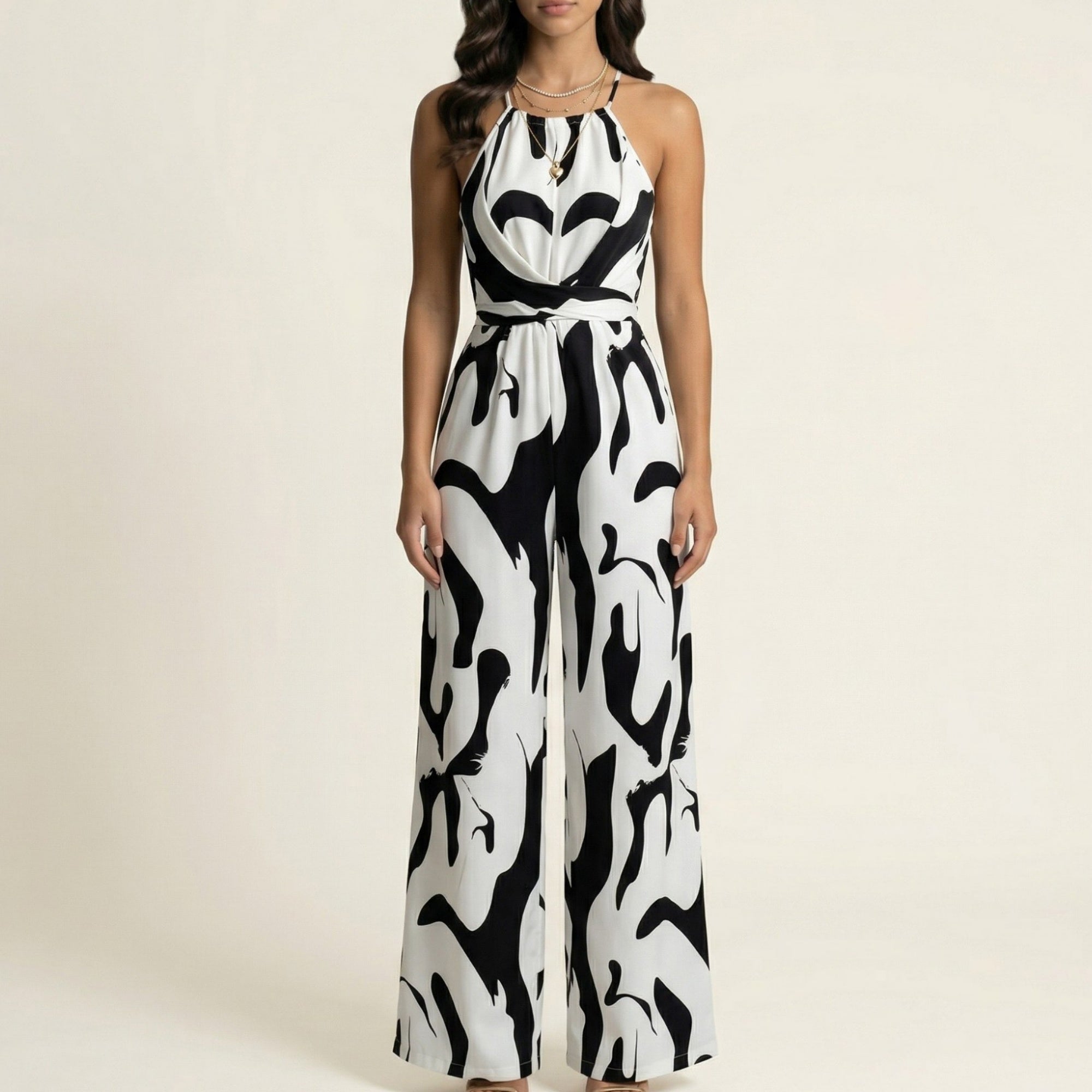 Anna-Kaci Sleeveless Printed Wide Leg Jumpsuit with Halter Neck Waist Tie Detail Relaxed Fit