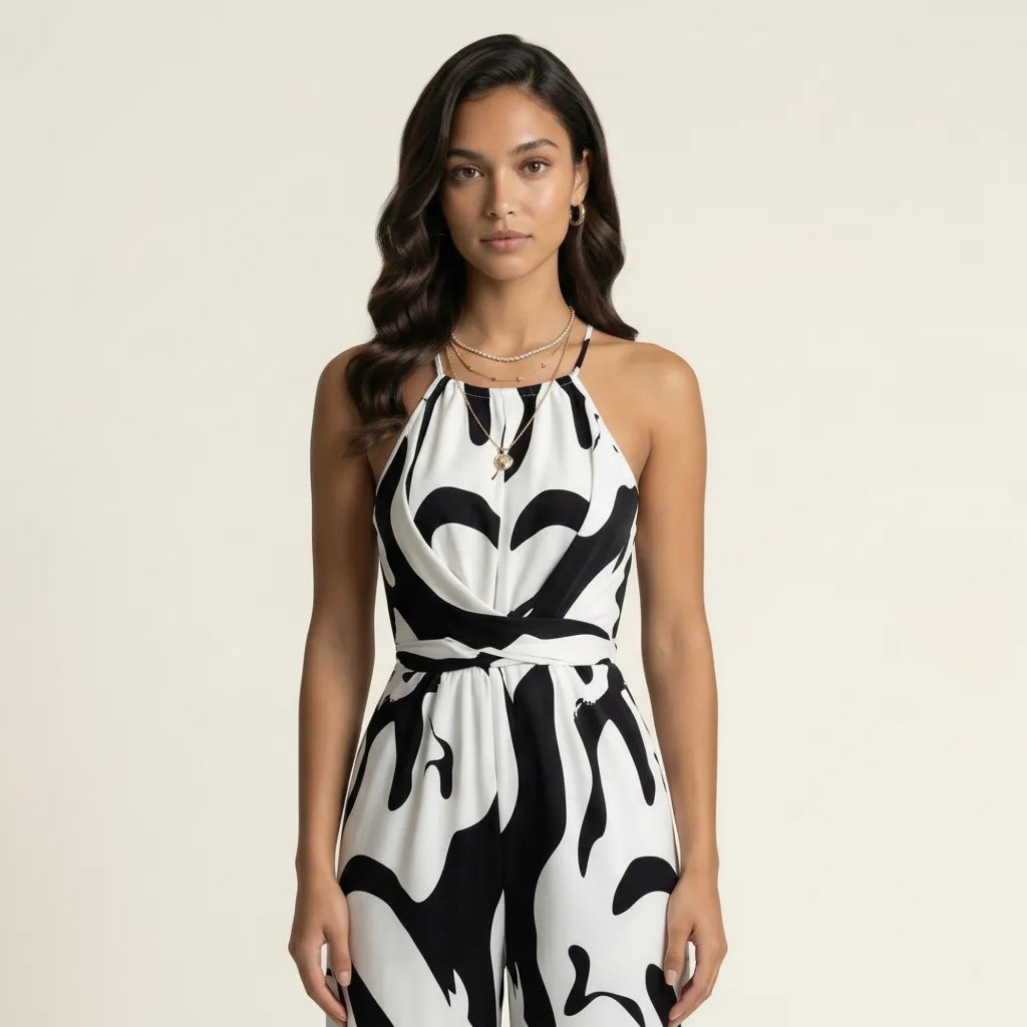 Anna-Kaci Sleeveless Printed Wide Leg Jumpsuit with Halter Neck Waist Tie Detail Relaxed Fit