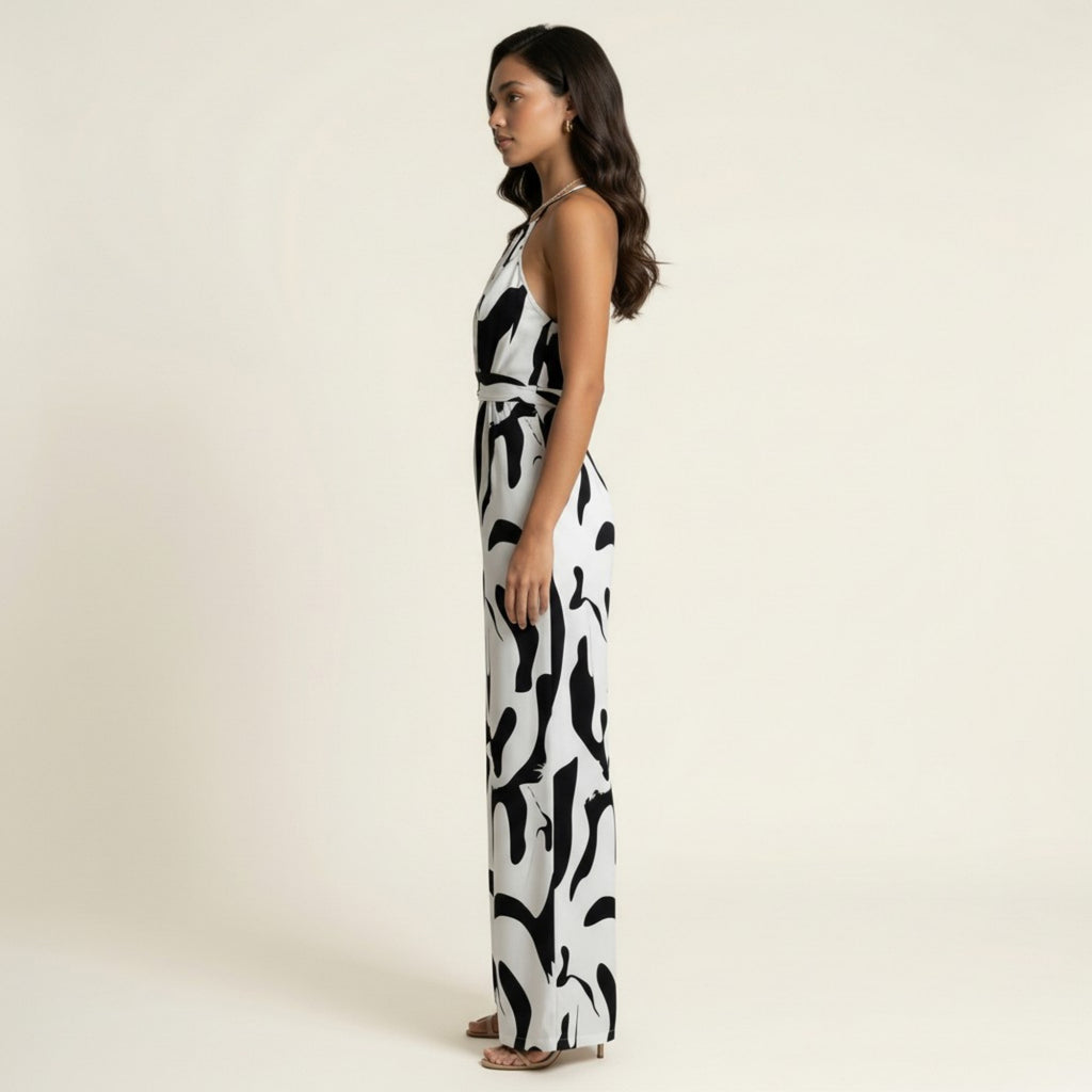 Anna-Kaci Sleeveless Printed Wide Leg Jumpsuit with Halter Neck Waist Tie Detail Relaxed Fit