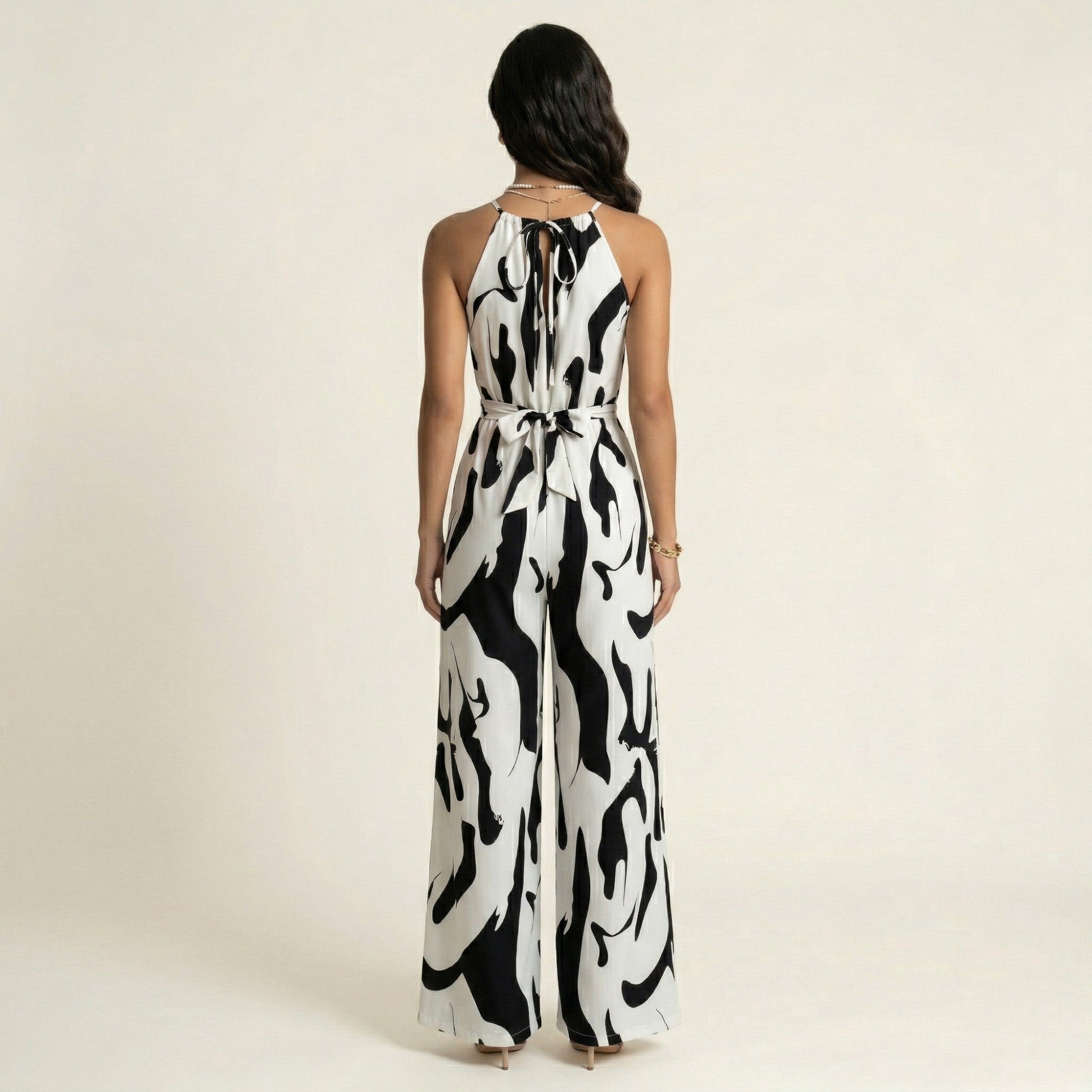 Anna-Kaci Sleeveless Printed Wide Leg Jumpsuit with Halter Neck Waist Tie Detail Relaxed Fit