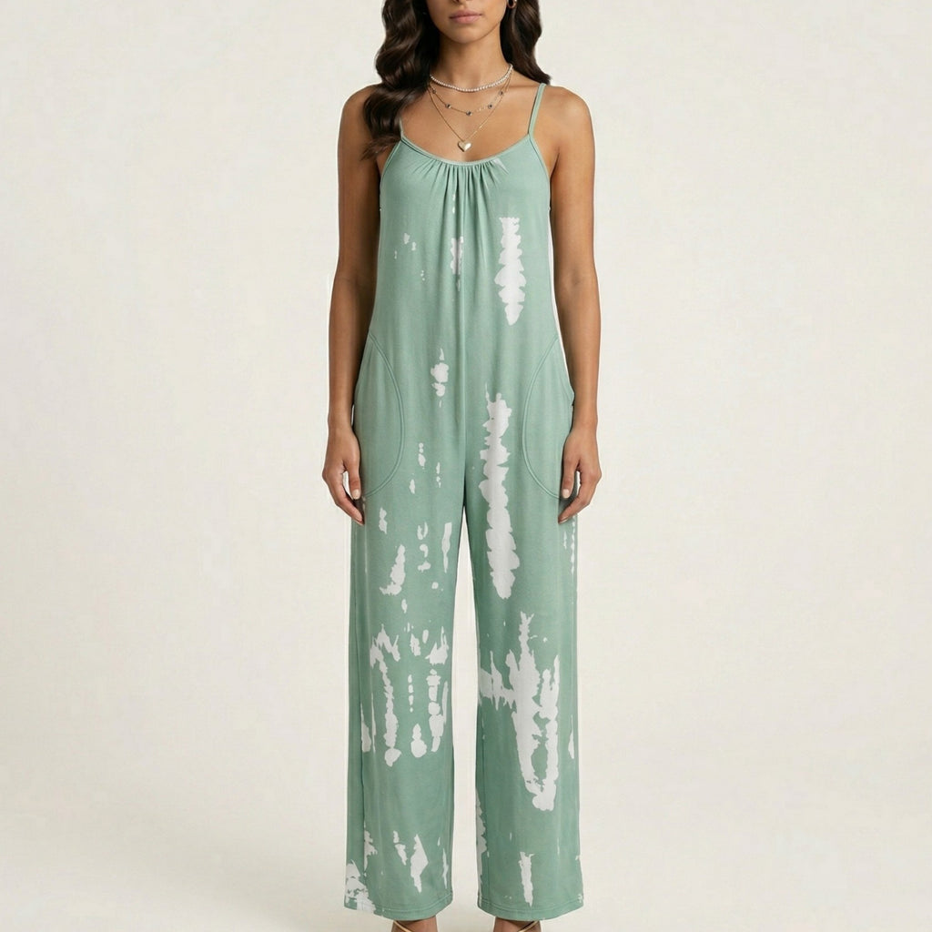 Anna-Kaci Sleeveless Tie Dye Wide Leg Jumpsuit with Spaghetti Straps Side Pockets Relaxed Fit