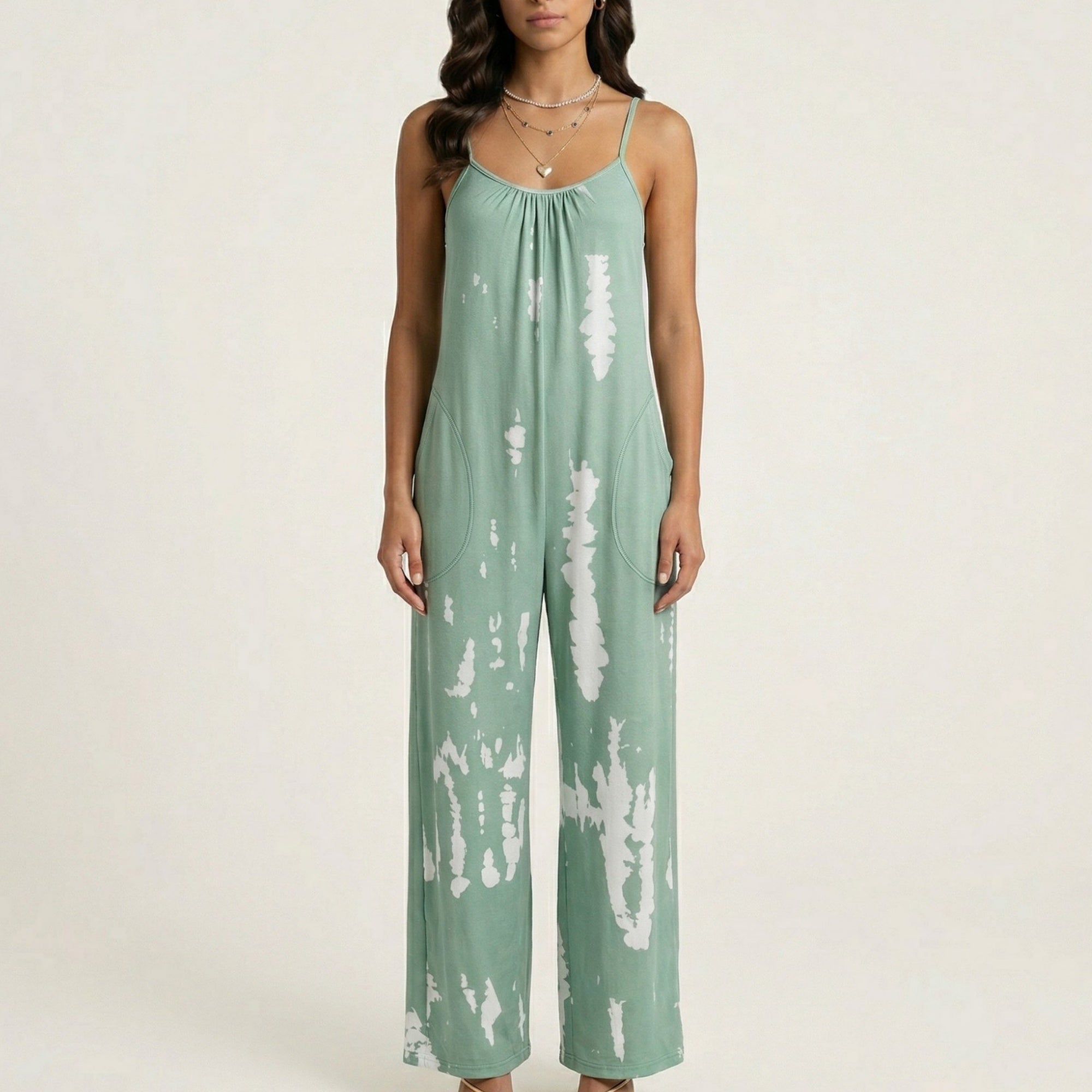 Anna-Kaci Sleeveless Tie Dye Wide Leg Jumpsuit with Spaghetti Straps Side Pockets Relaxed Fit