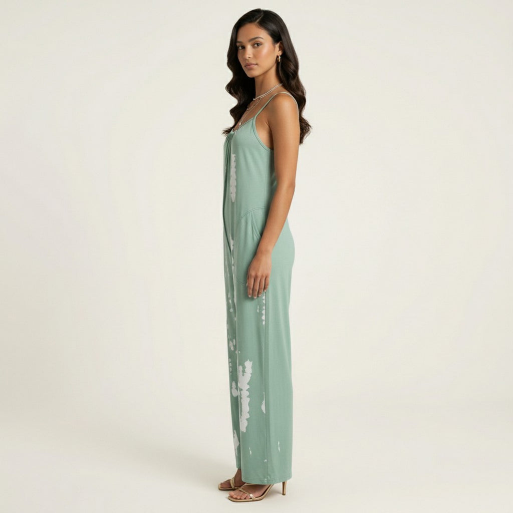 Anna-Kaci Sleeveless Tie Dye Wide Leg Jumpsuit with Spaghetti Straps Side Pockets Relaxed Fit
