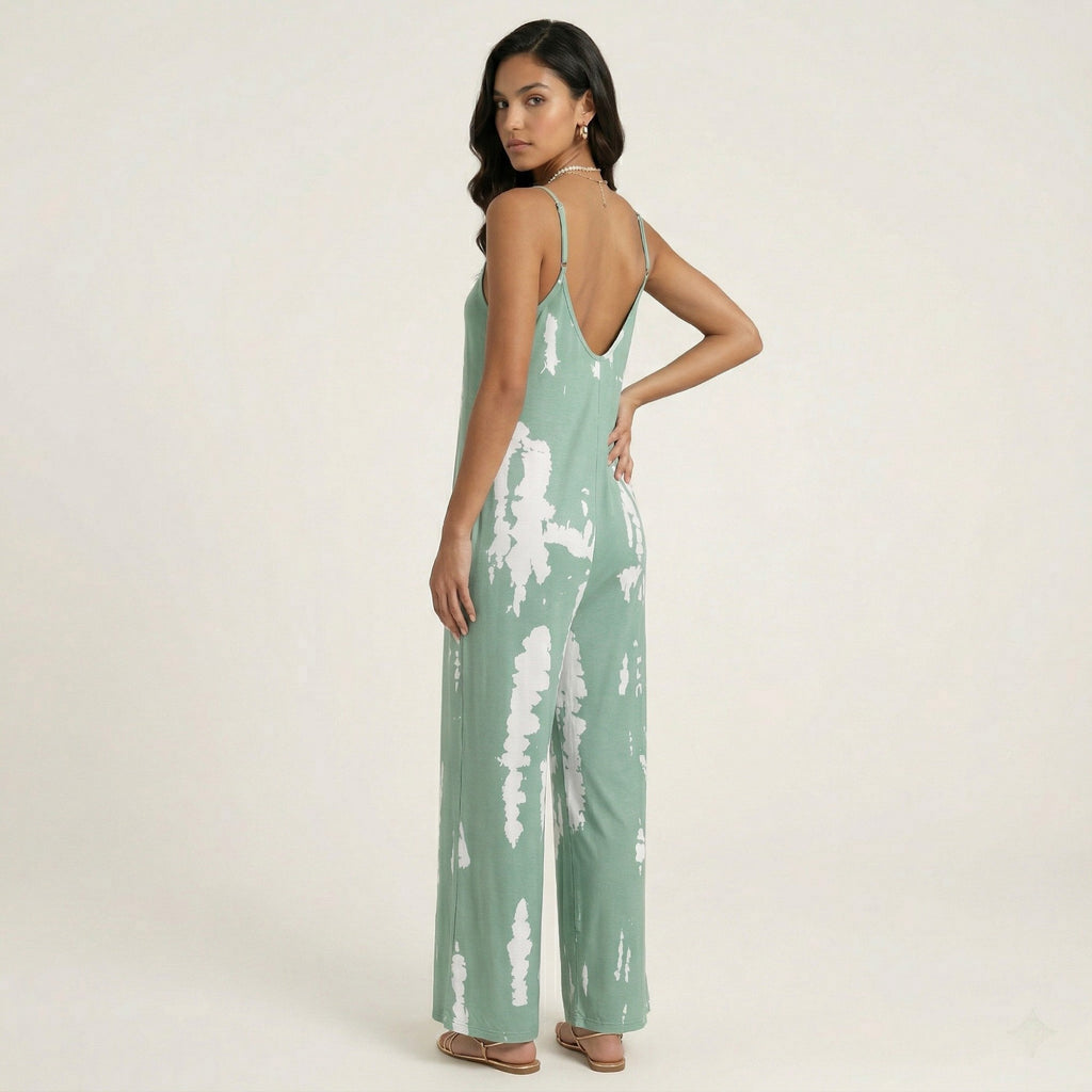 Anna-Kaci Sleeveless Tie Dye Wide Leg Jumpsuit with Spaghetti Straps Side Pockets Relaxed Fit