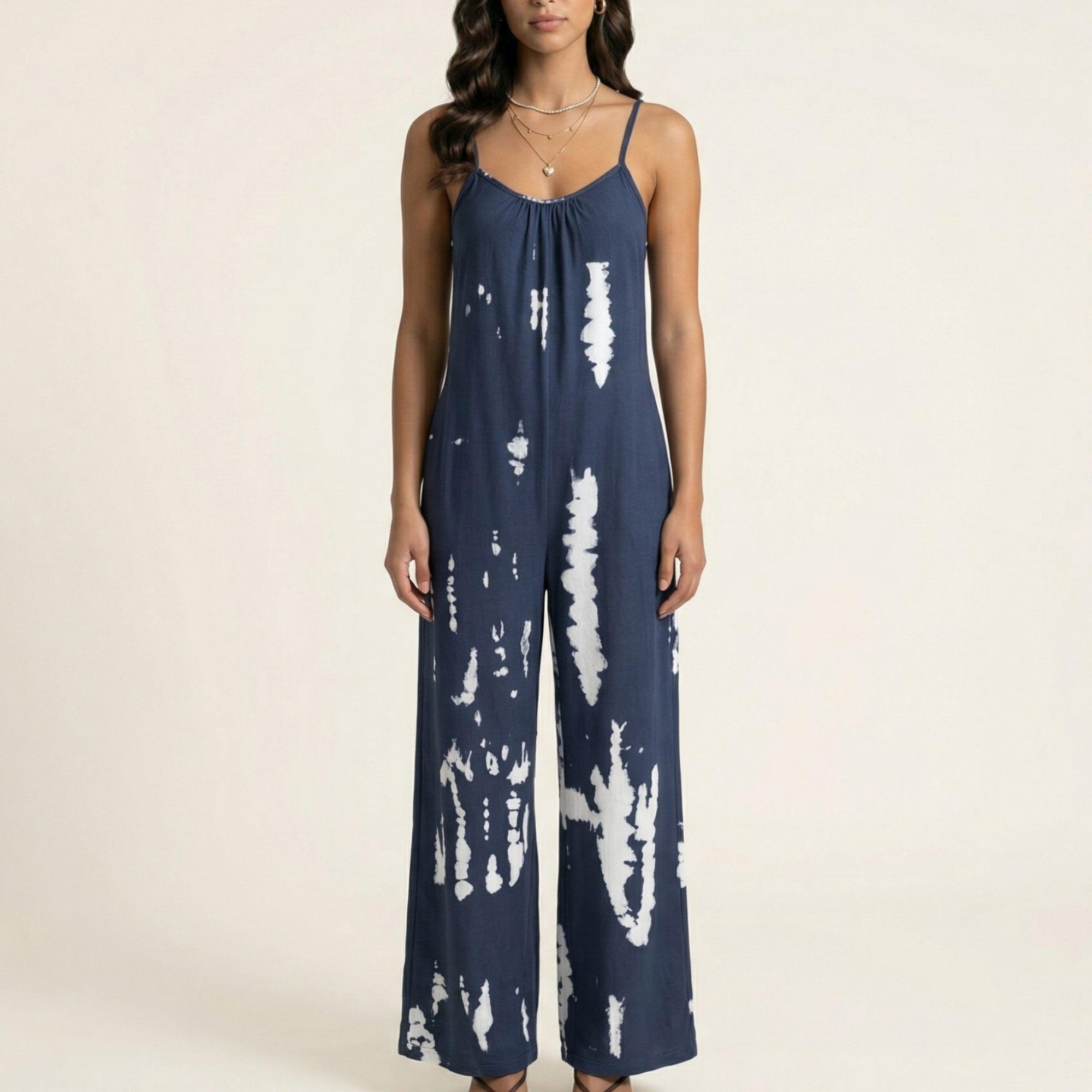 Anna-Kaci Sleeveless Tie Dye Wide Leg Jumpsuit with Spaghetti Straps Side Pockets Relaxed Fit