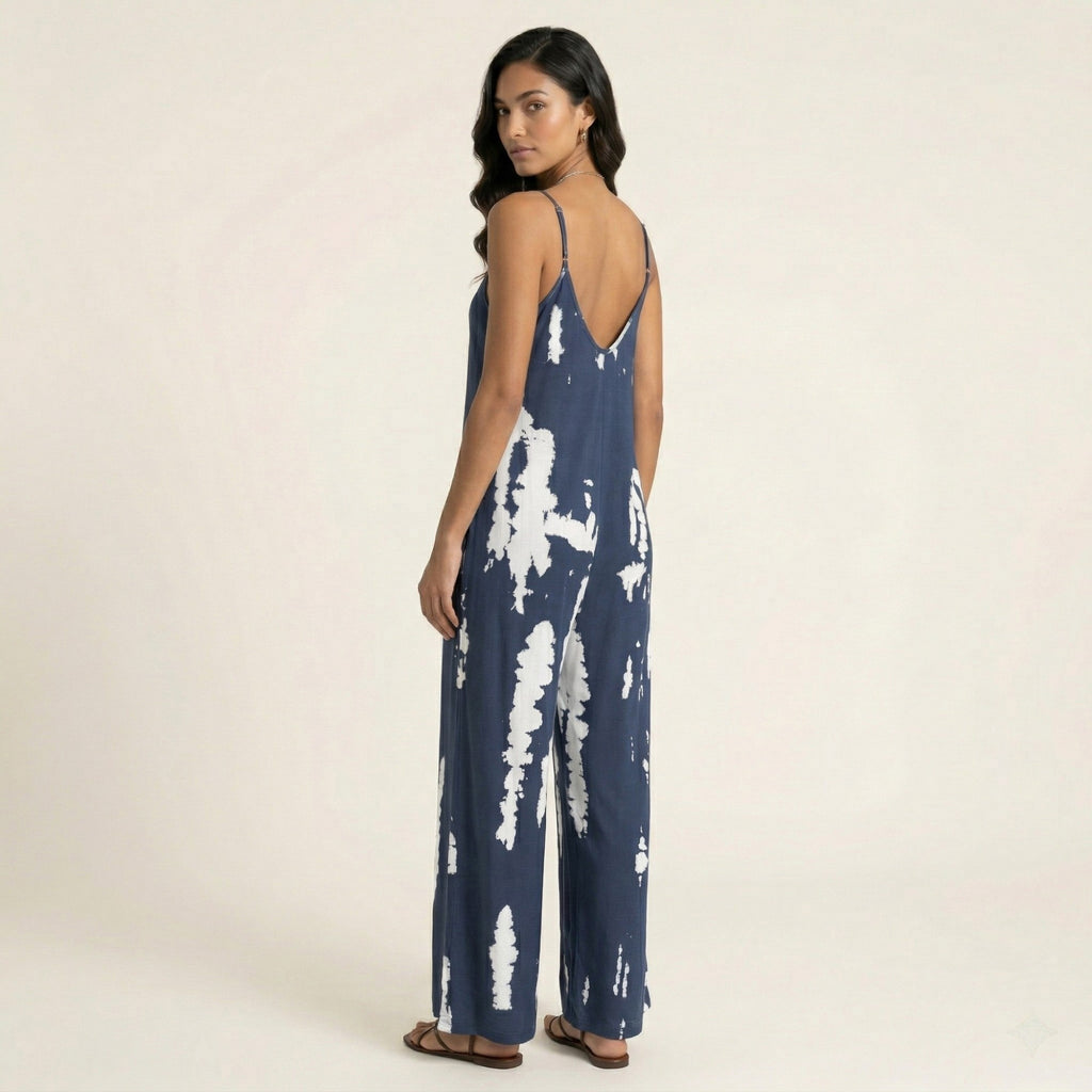 Anna-Kaci Sleeveless Tie Dye Wide Leg Jumpsuit with Spaghetti Straps Side Pockets Relaxed Fit