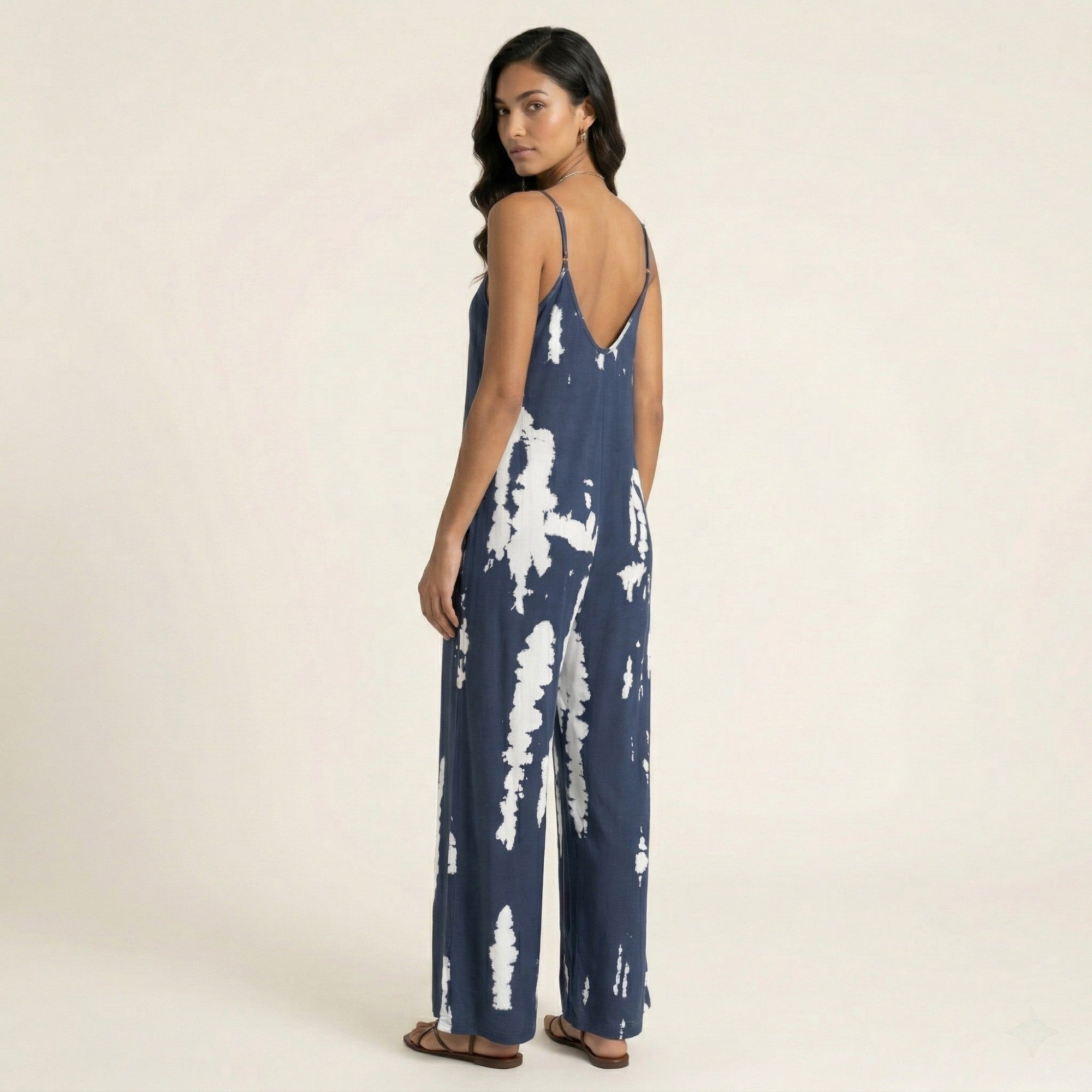 Anna-Kaci Sleeveless Tie Dye Wide Leg Jumpsuit with Spaghetti Straps Side Pockets Relaxed Fit
