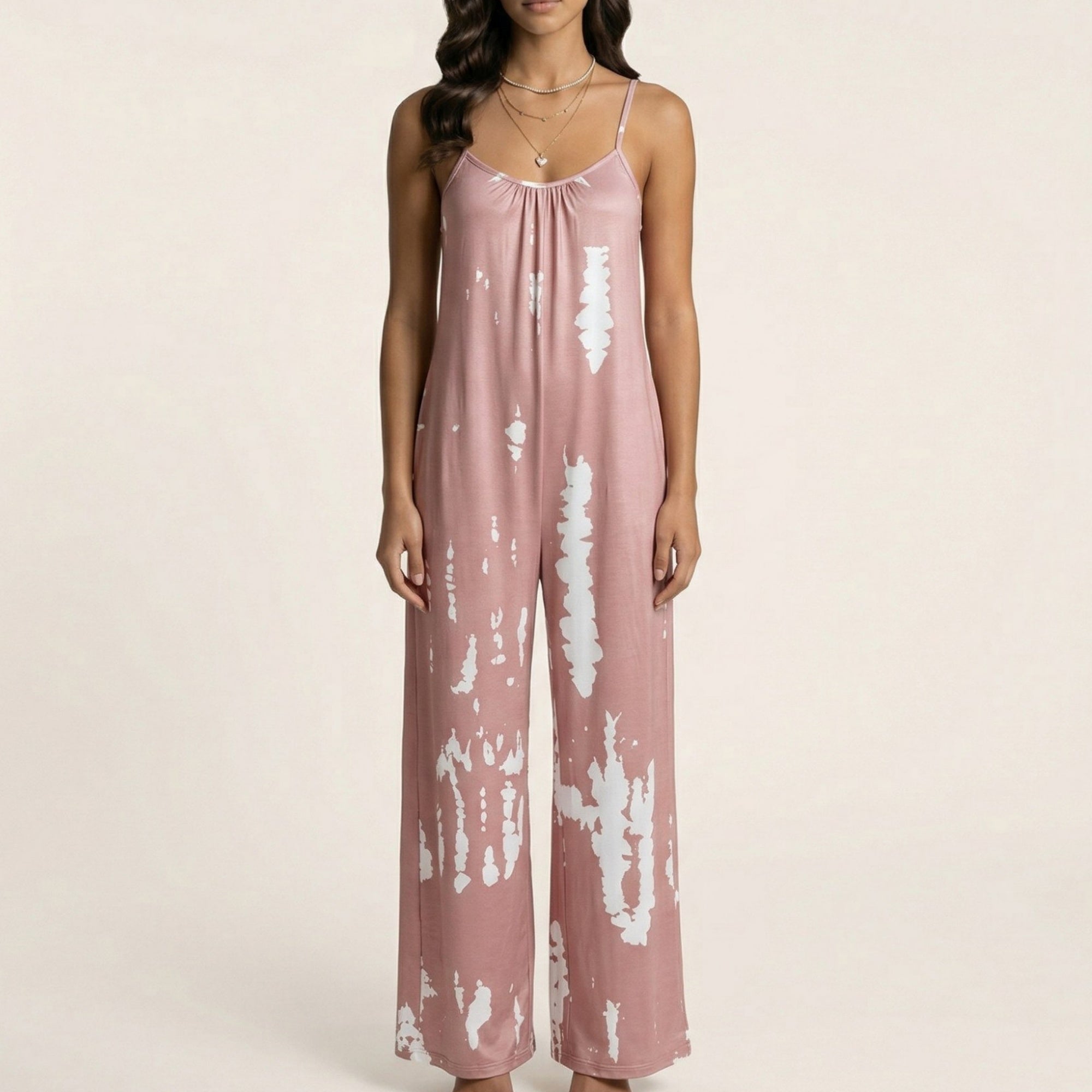 Anna-Kaci Sleeveless Tie Dye Wide Leg Jumpsuit with Spaghetti Straps Side Pockets Relaxed Fit