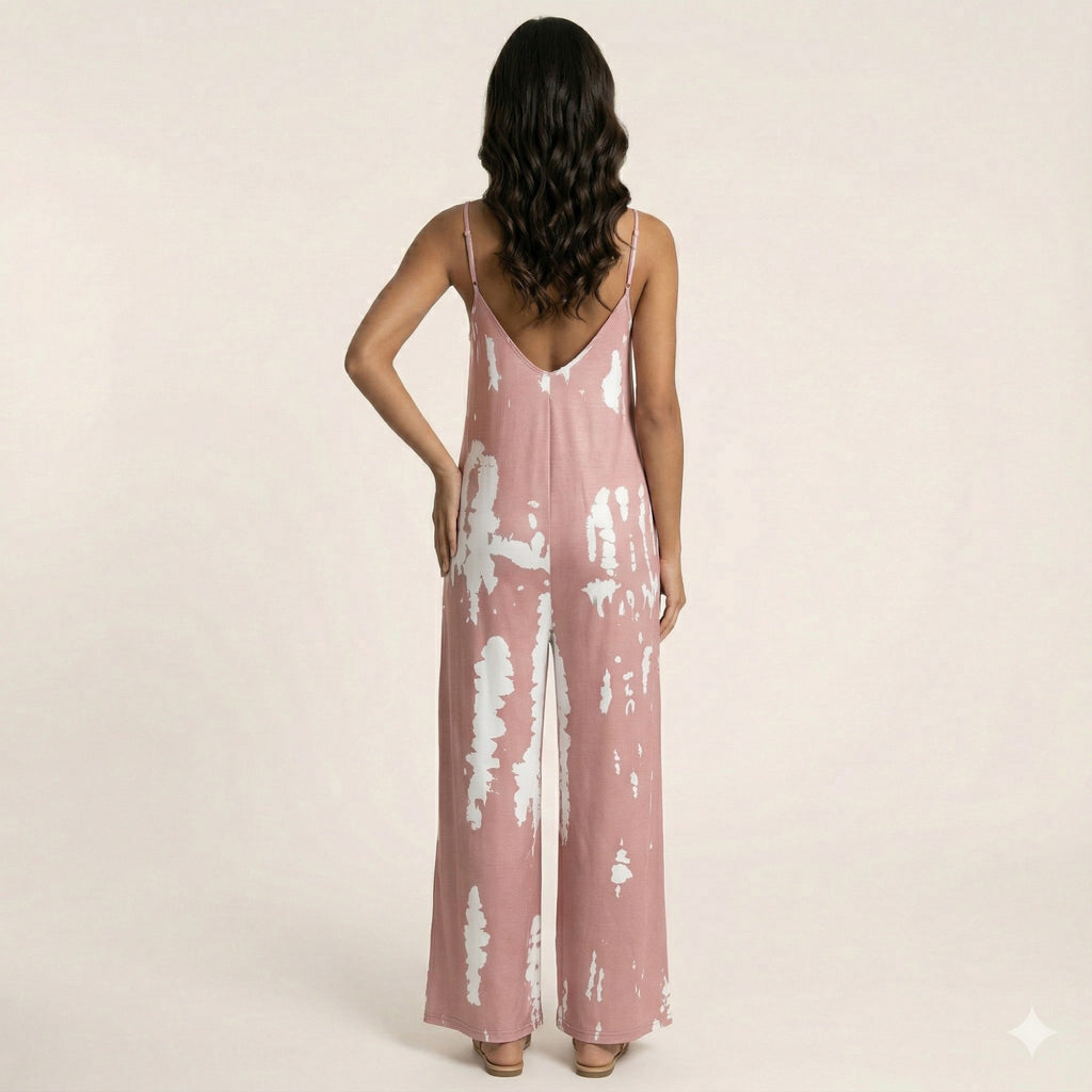 Anna-Kaci Sleeveless Tie Dye Wide Leg Jumpsuit with Spaghetti Straps Side Pockets Relaxed Fit