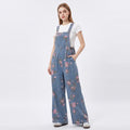 Women's Floral Denim Overall Jumpsuit Wide Leg Adjustable Strap Loose Fit Casual Overalls
