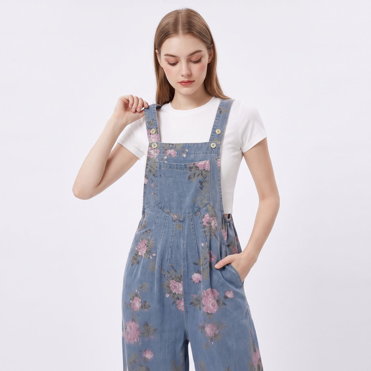 Women's Floral Denim Overall Jumpsuit Wide Leg Adjustable Strap Loose Fit Casual Overalls