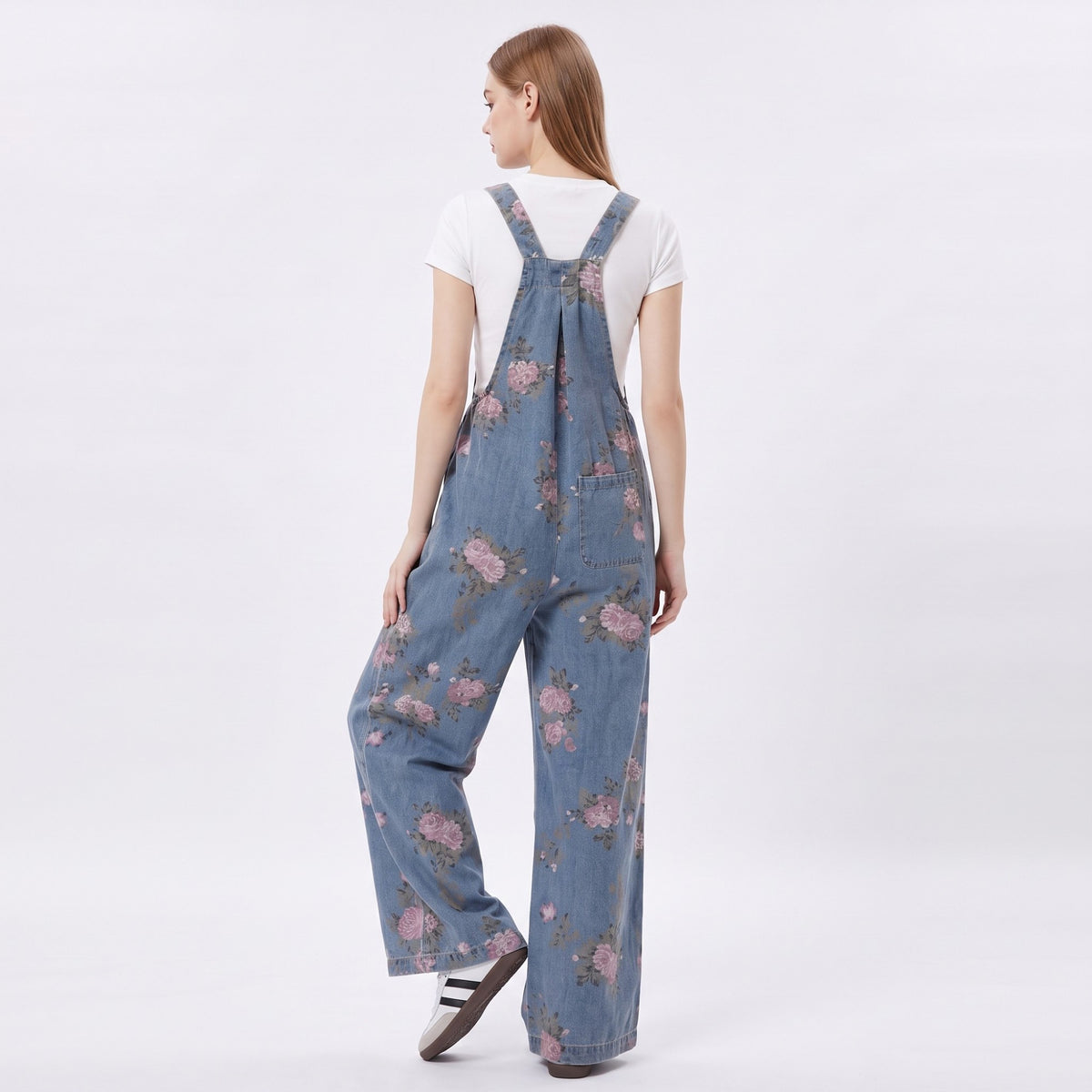Women's Floral Denim Overall Jumpsuit Wide Leg Adjustable Strap Loose Fit Casual Overalls