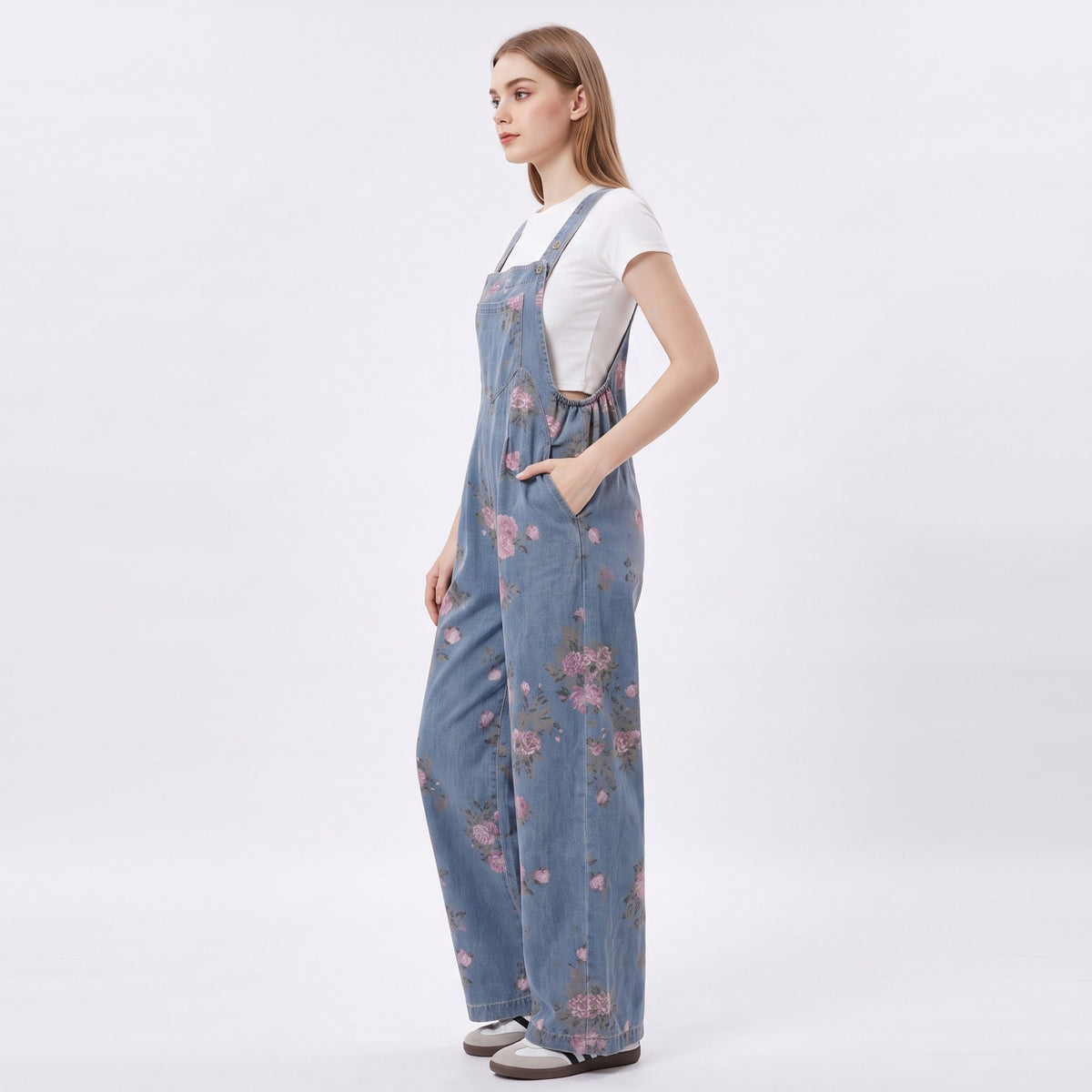 Women's Floral Denim Overall Jumpsuit Wide Leg Adjustable Strap Loose Fit Casual Overalls