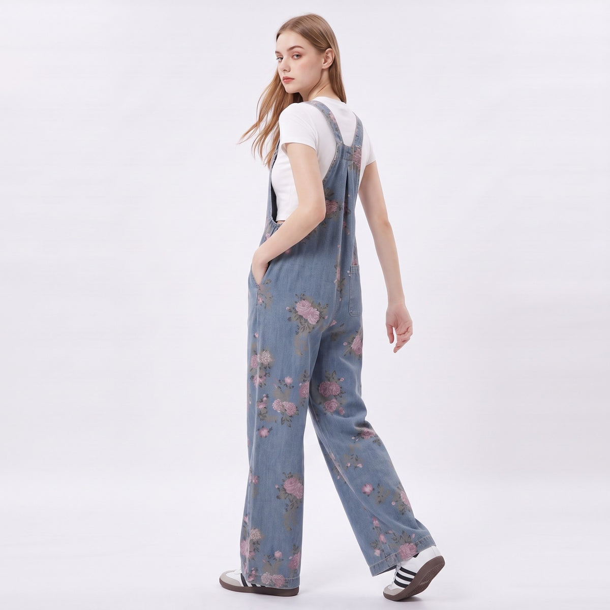 Women's Floral Denim Overall Jumpsuit Wide Leg Adjustable Strap Loose Fit Casual Overalls