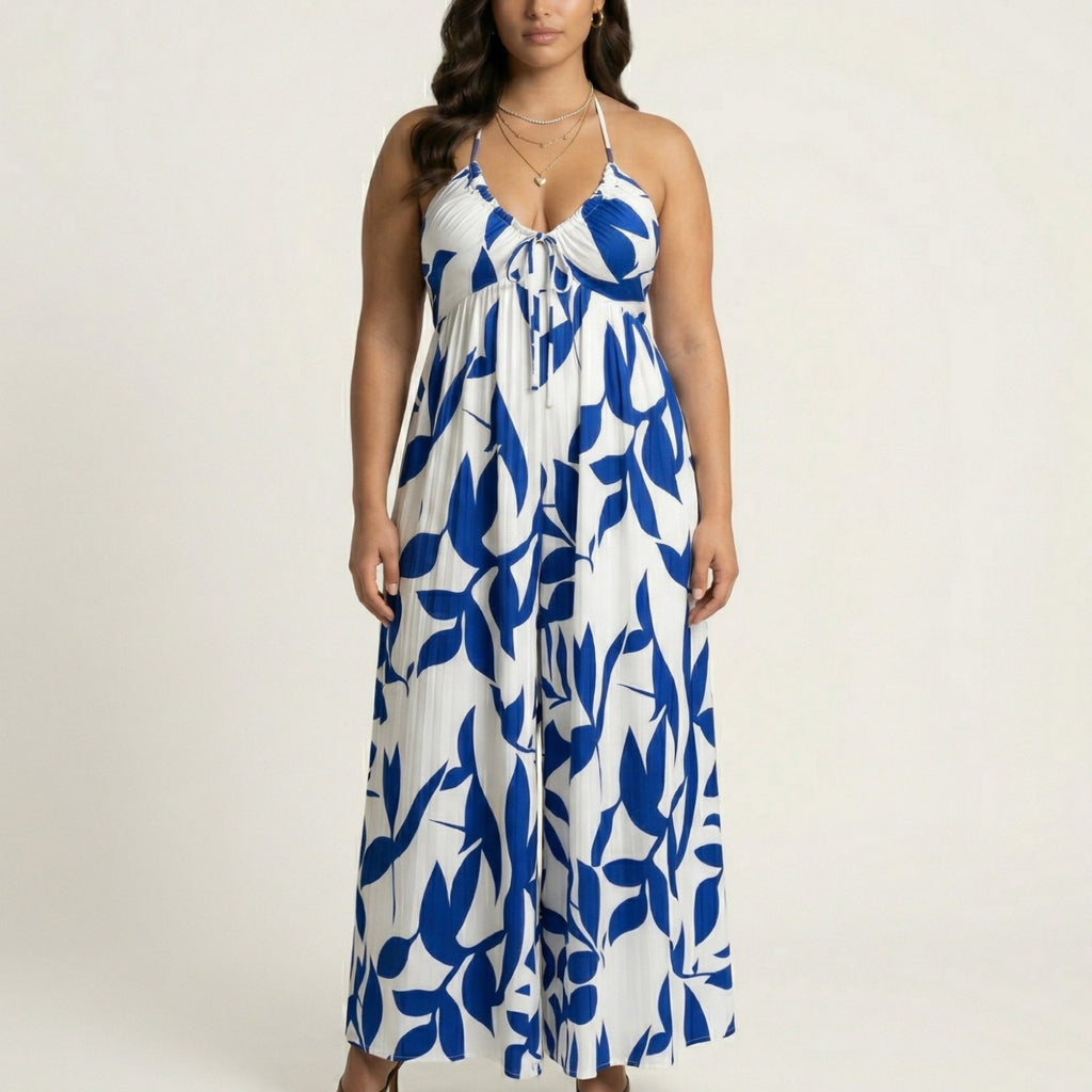 Anna-Kaci Sleeveless Printed Wide Leg Jumpsuit with Halter Neck Tie Front Detail Flowy Relaxed Fit