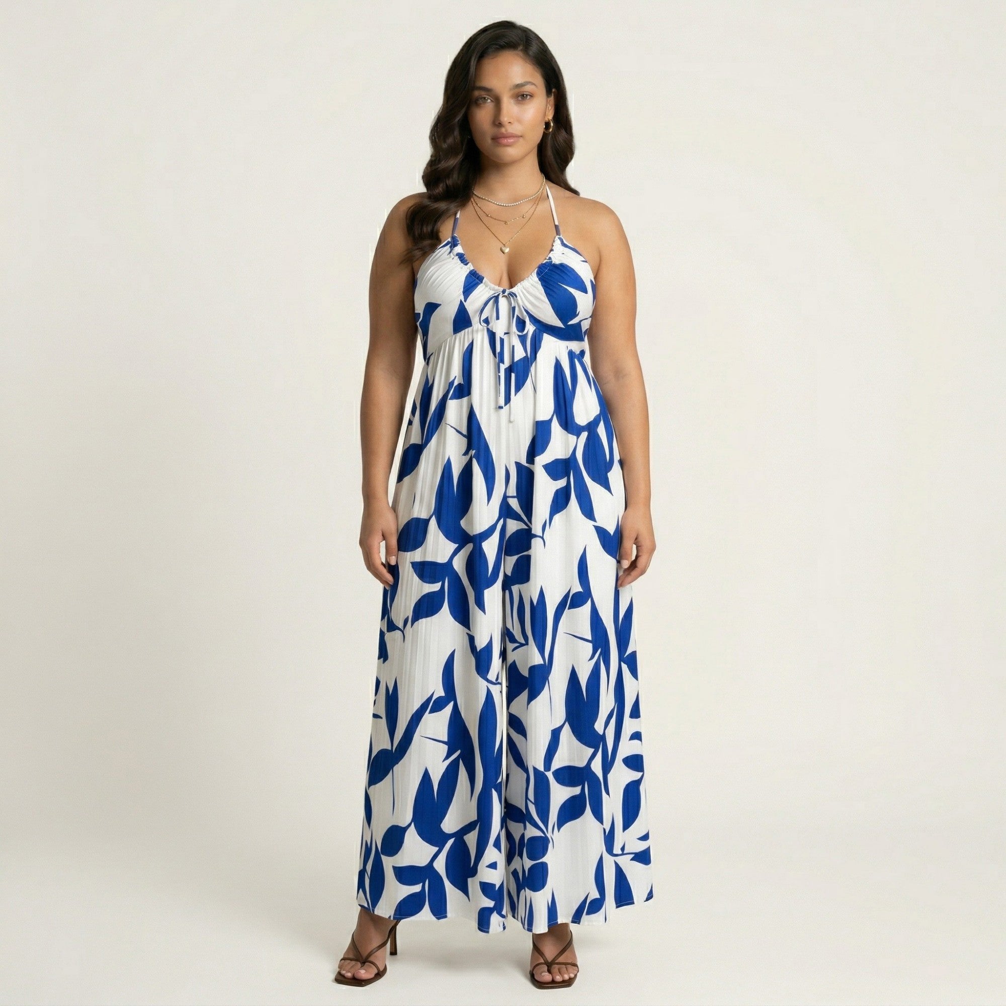 Anna-Kaci Sleeveless Printed Wide Leg Jumpsuit with Halter Neck Tie Front Detail Flowy Relaxed Fit