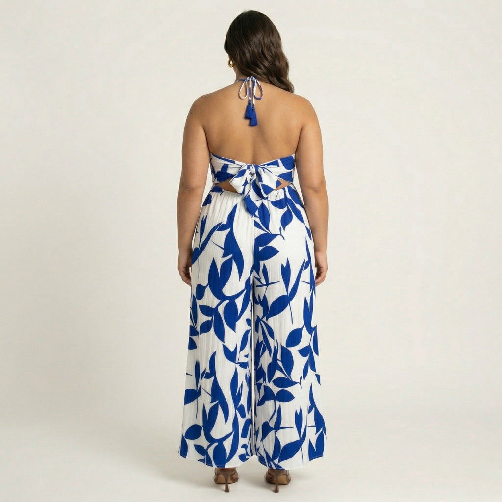 Anna-Kaci Sleeveless Printed Wide Leg Jumpsuit with Halter Neck Tie Front Detail Flowy Relaxed Fit