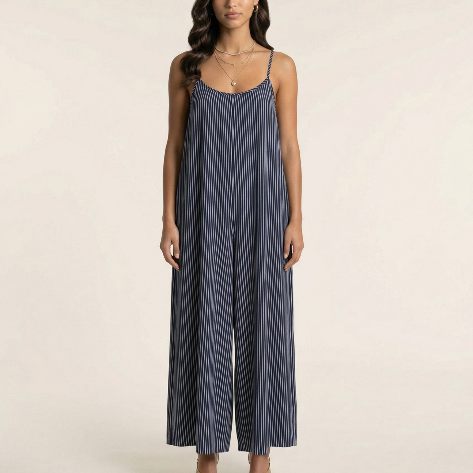 Anna-Kaci Sleeveless Striped Wide Leg Jumpsuit with Spaghetti Straps Loose Fit Flowy One Piece