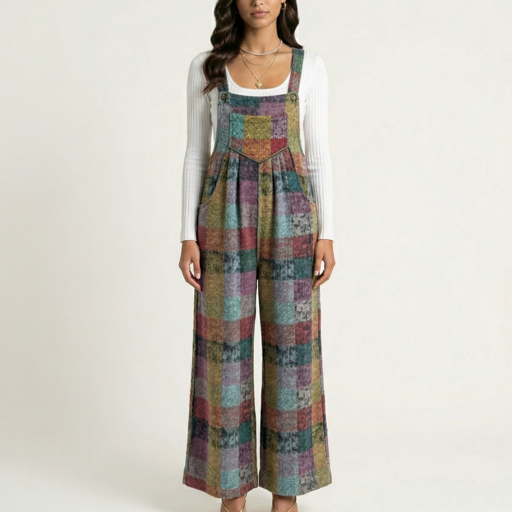 Anna-Kaci Plaid Wide Leg Overalls Jumpsuit with Adjustable Shoulder Straps Front Pocket Relaxed Fit