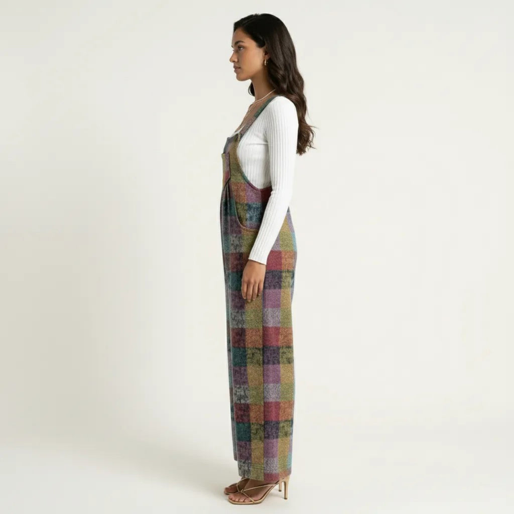 Anna-Kaci Plaid Wide Leg Overalls Jumpsuit with Adjustable Shoulder Straps Front Pocket Relaxed Fit