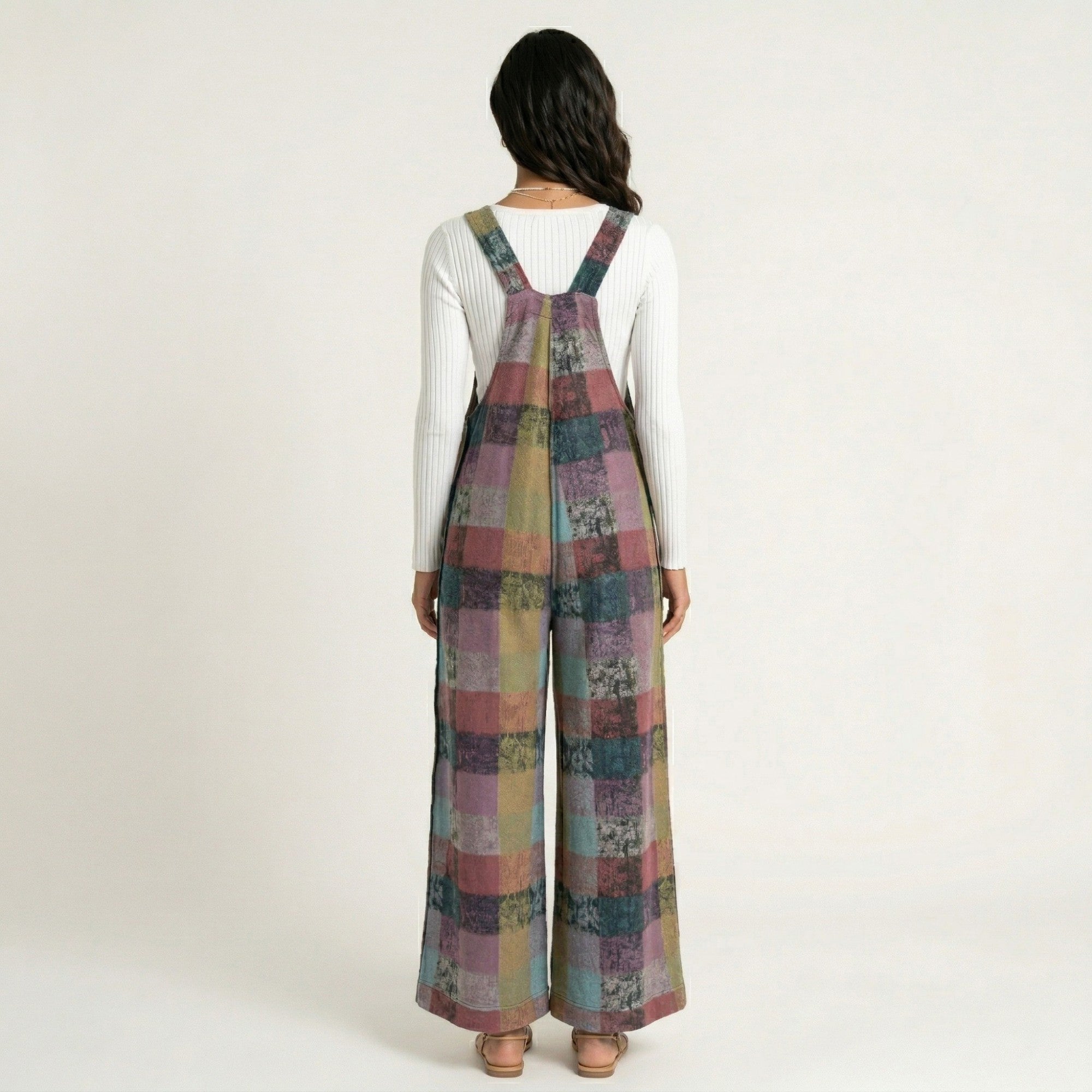 Anna-Kaci Plaid Wide Leg Overalls Jumpsuit with Adjustable Shoulder Straps Front Pocket Relaxed Fit