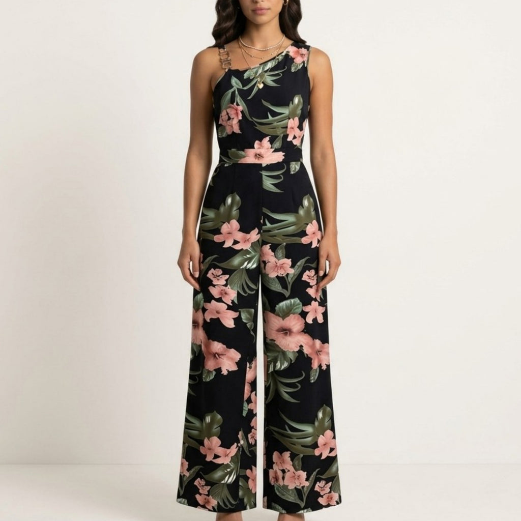 Anna-Kaci Sleeveless Floral Wide Leg Jumpsuit with Asymmetrical Neckline Adjustable Strap Relaxed Fit