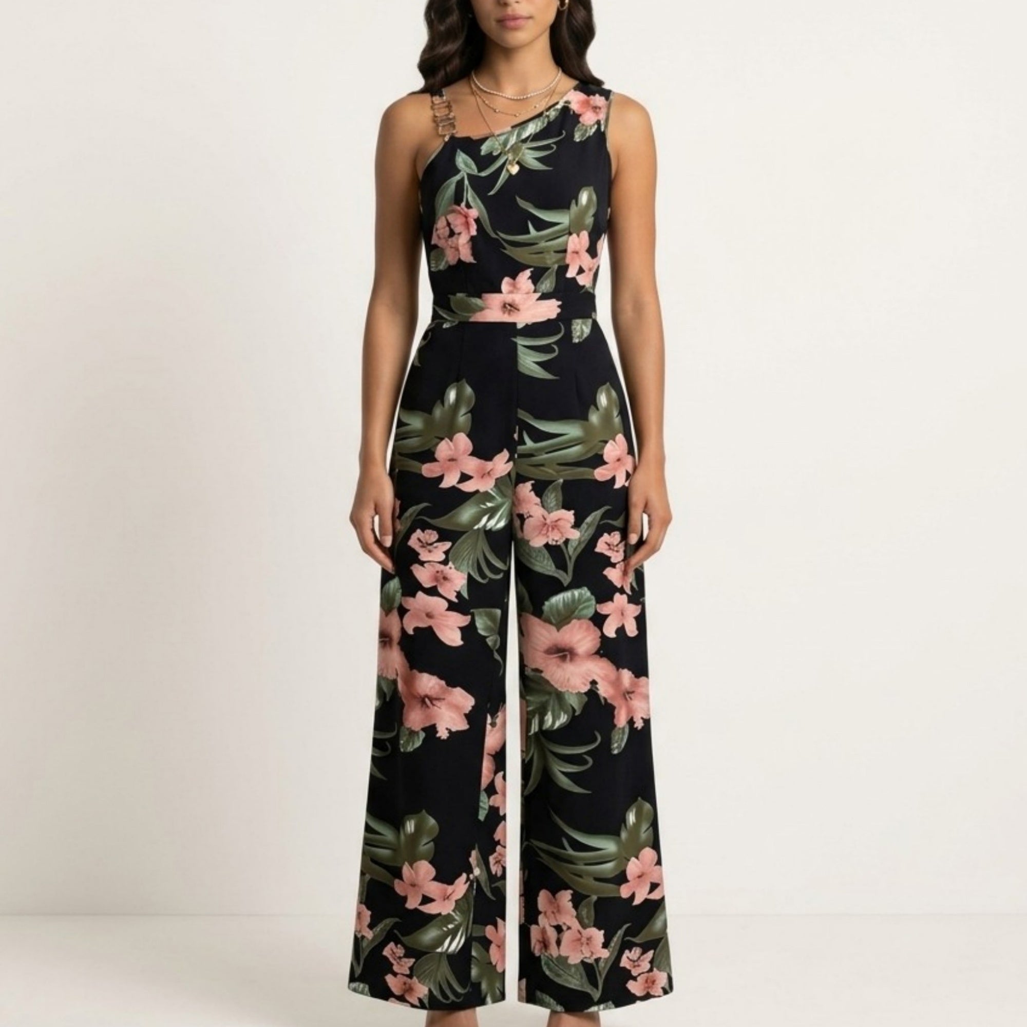 Anna-Kaci Sleeveless Floral Wide Leg Jumpsuit with Asymmetrical Neckline Adjustable Strap Relaxed Fit