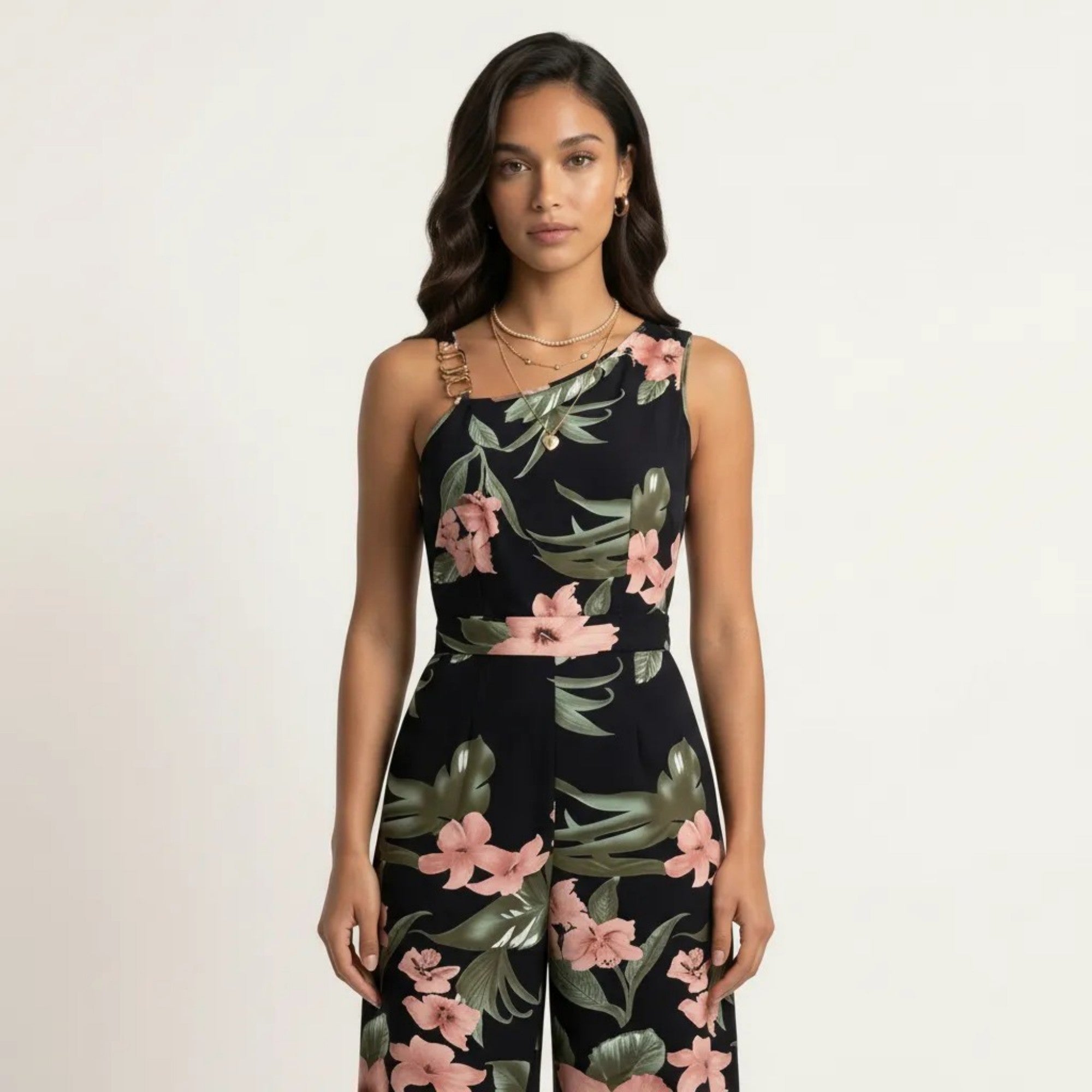 Anna-Kaci Sleeveless Floral Wide Leg Jumpsuit with Asymmetrical Neckline Adjustable Strap Relaxed Fit