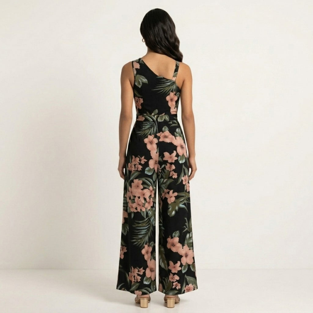 Anna-Kaci Sleeveless Floral Wide Leg Jumpsuit with Asymmetrical Neckline Adjustable Strap Relaxed Fit