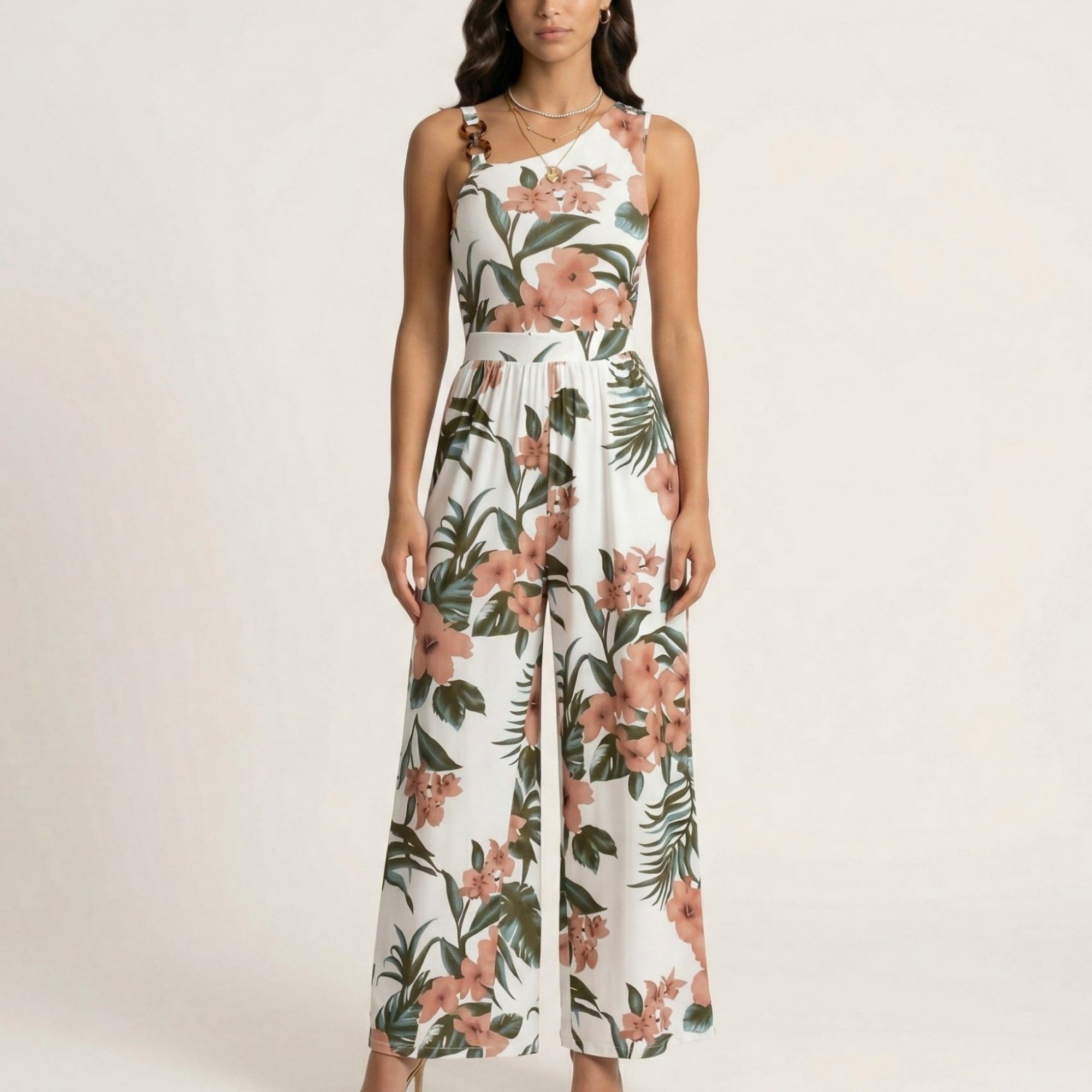 Anna-Kaci Sleeveless Floral Wide Leg Jumpsuit with Asymmetrical Neckline Adjustable Strap Relaxed Fit