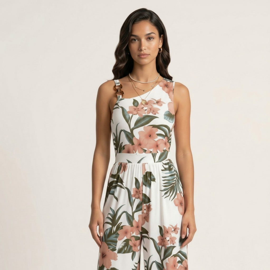 Anna-Kaci Sleeveless Floral Wide Leg Jumpsuit with Asymmetrical Neckline Adjustable Strap Relaxed Fit