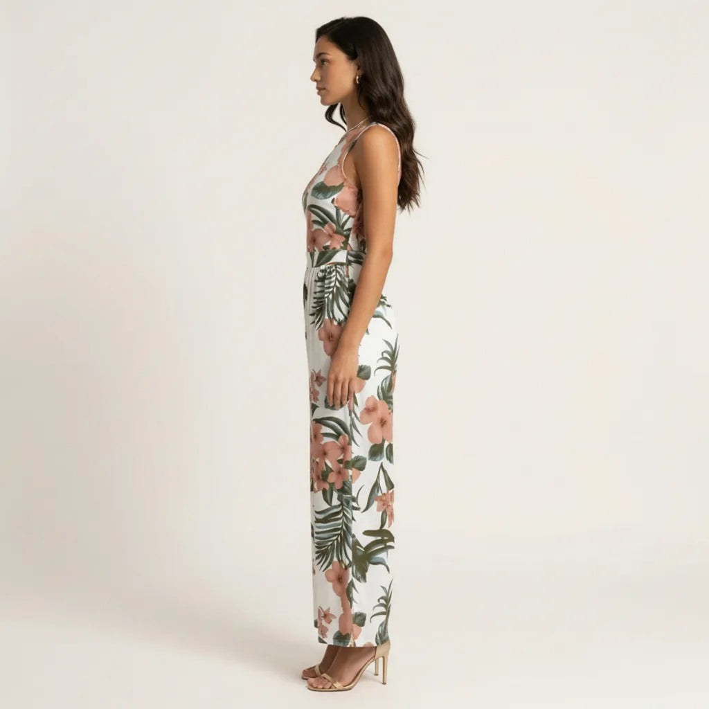 Anna-Kaci Sleeveless Floral Wide Leg Jumpsuit with Asymmetrical Neckline Adjustable Strap Relaxed Fit